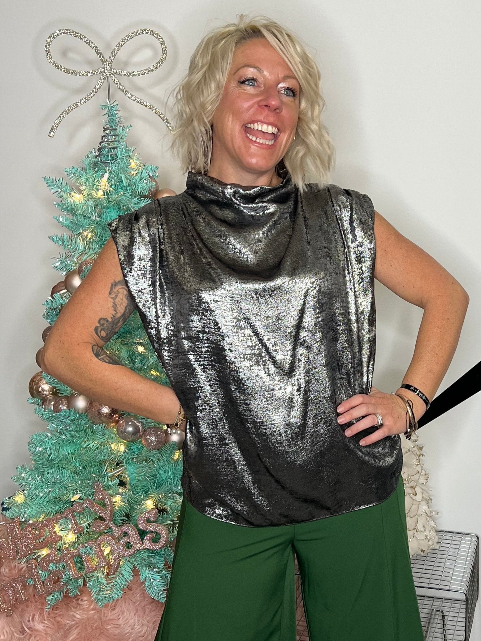 metallic silver loose fit sleeveless top