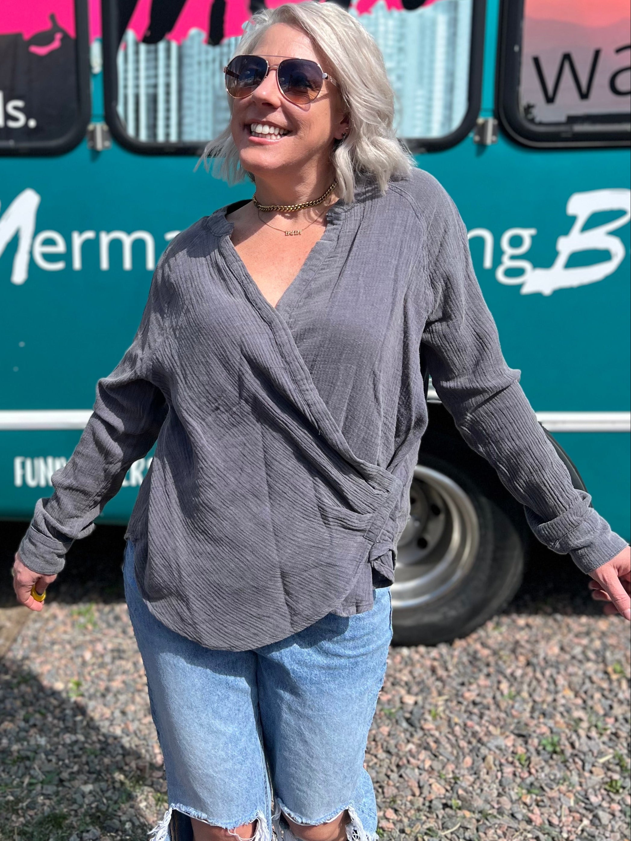 Boho Wrap Top in Blue Grey