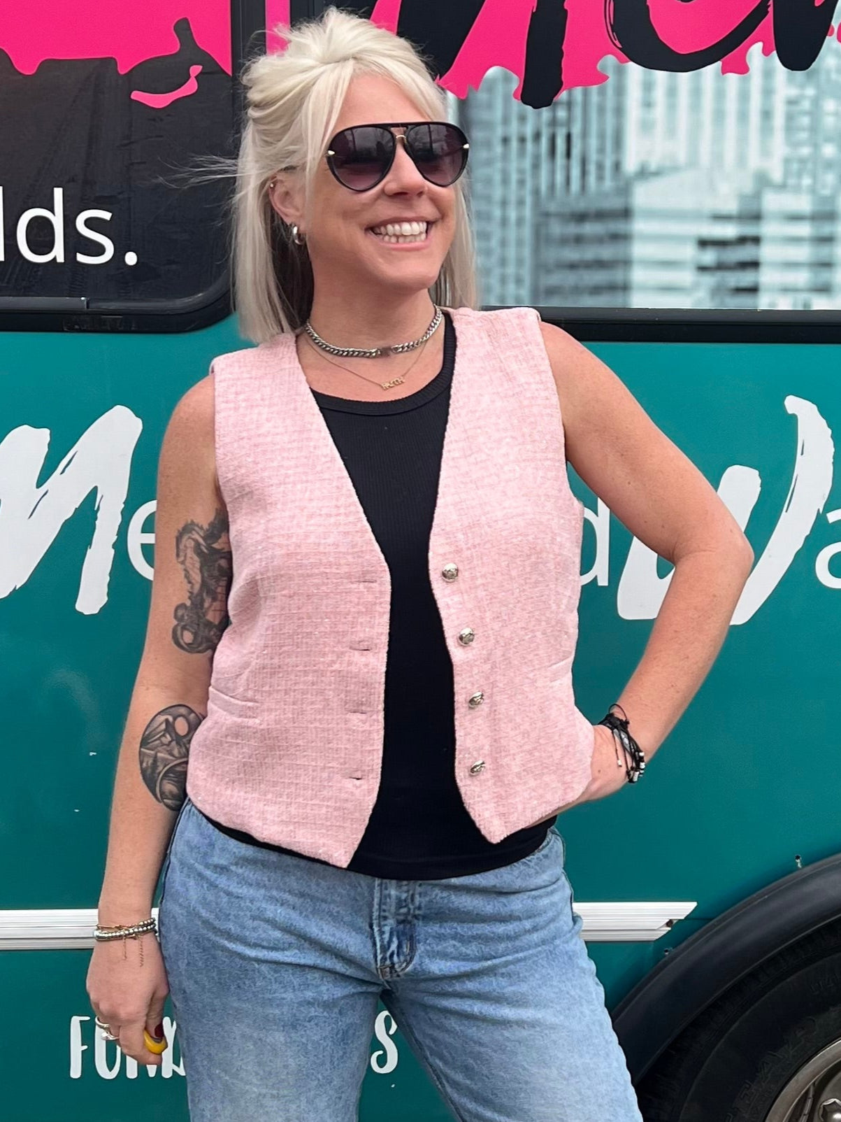 Pink Tweed Vest Top