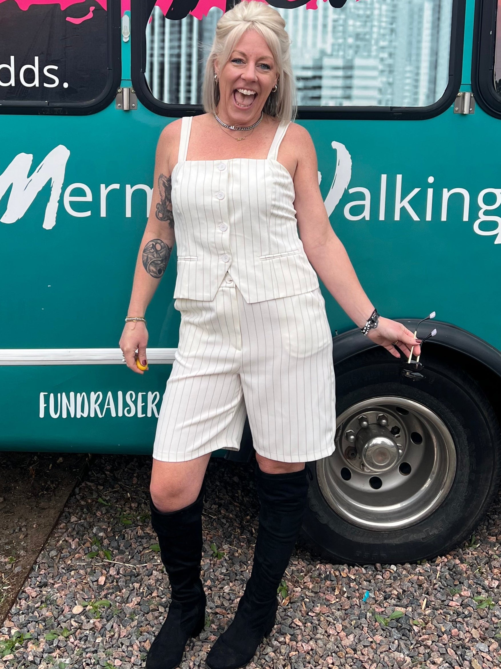 Pinstriped Bermuda Shorts in Ivory