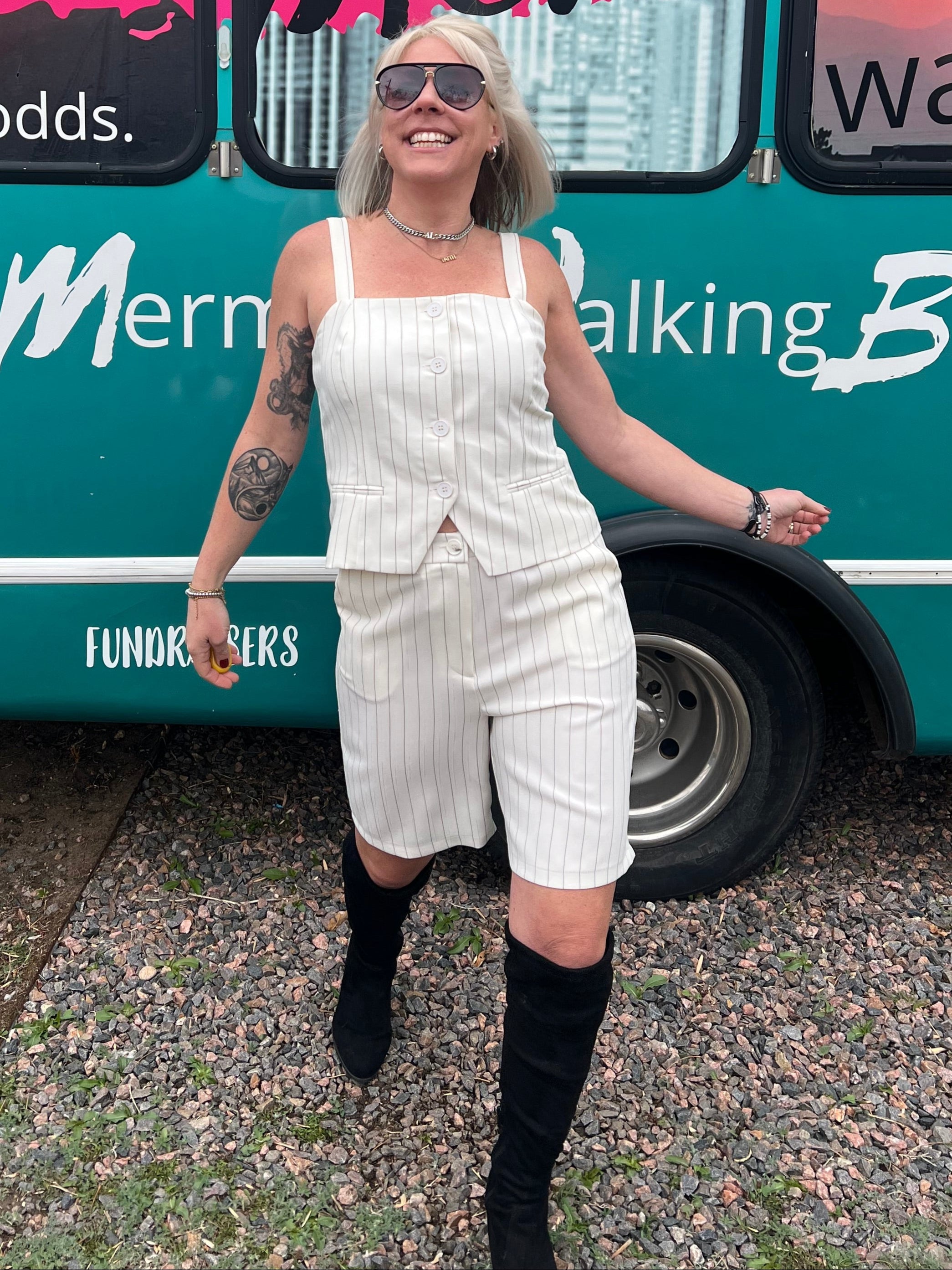 Pinstriped Bermuda Shorts in Ivory