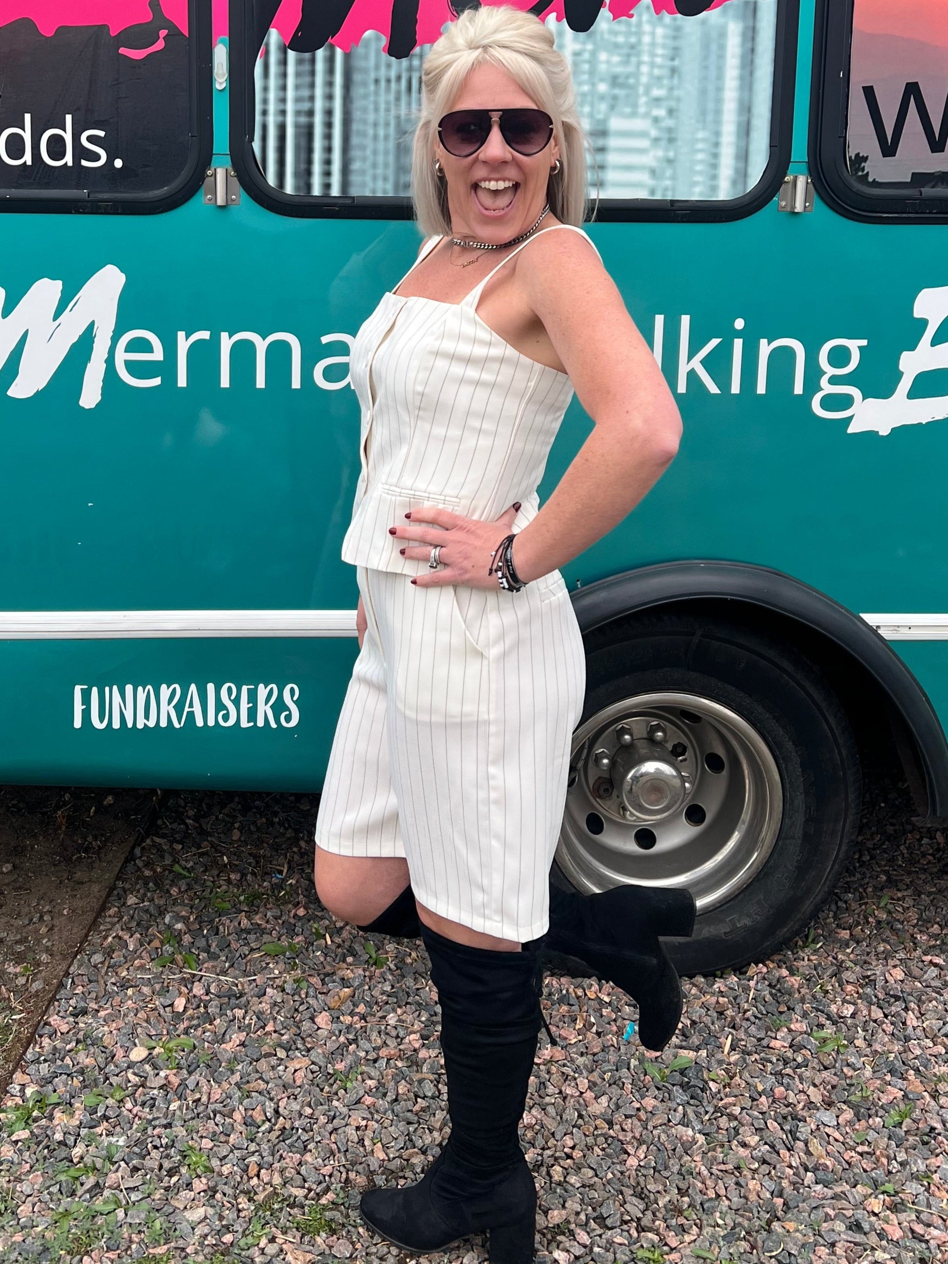 Pinstriped Bermuda Shorts in Ivory