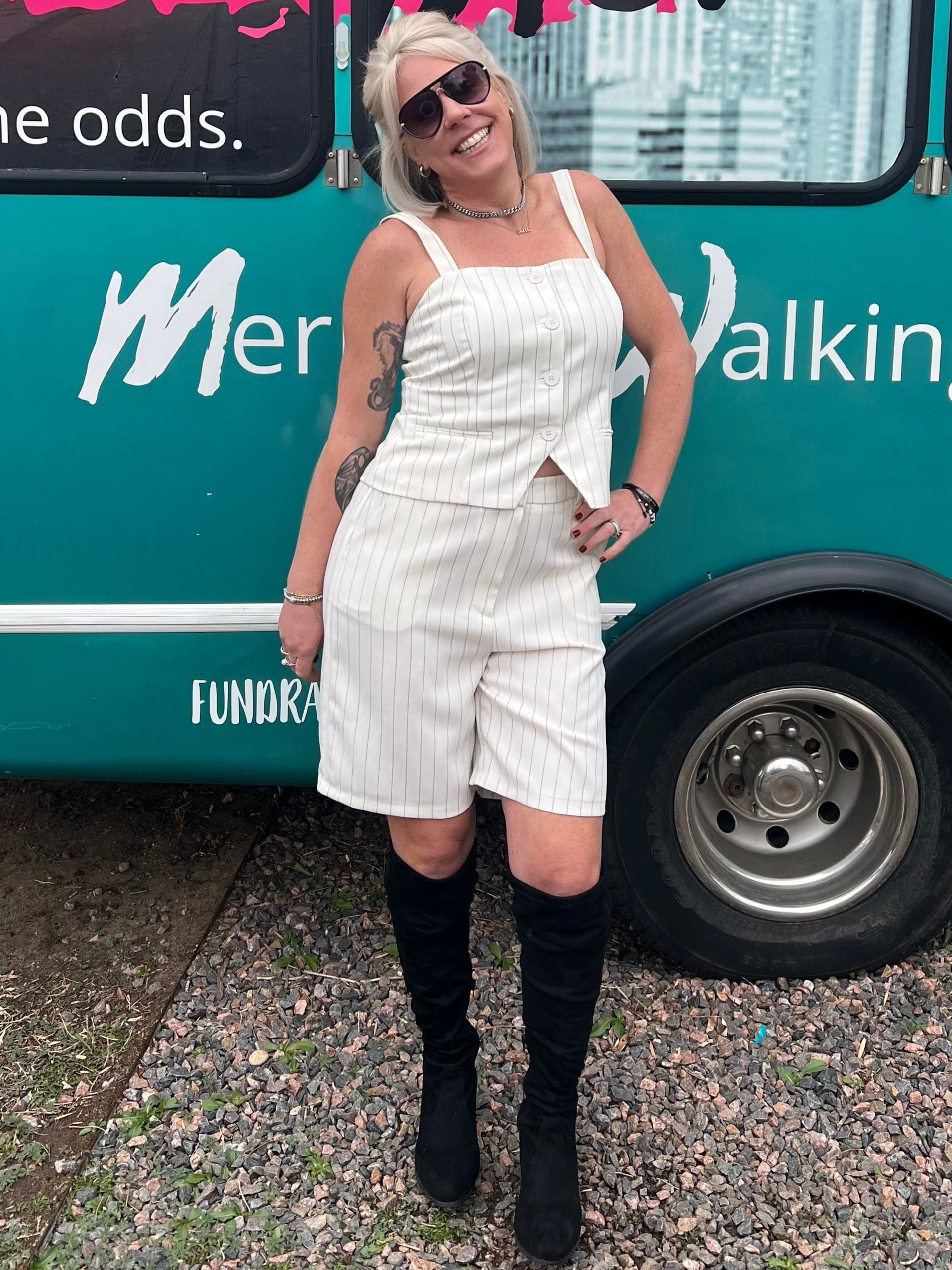 Pinstriped Bermuda Shorts in Ivory