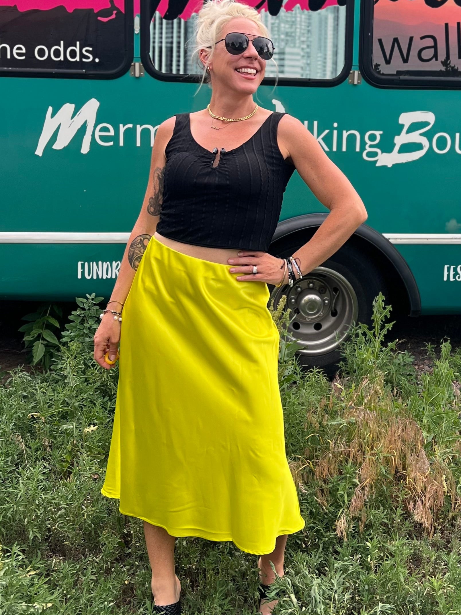 Chartreuse Satin Midi Skirt