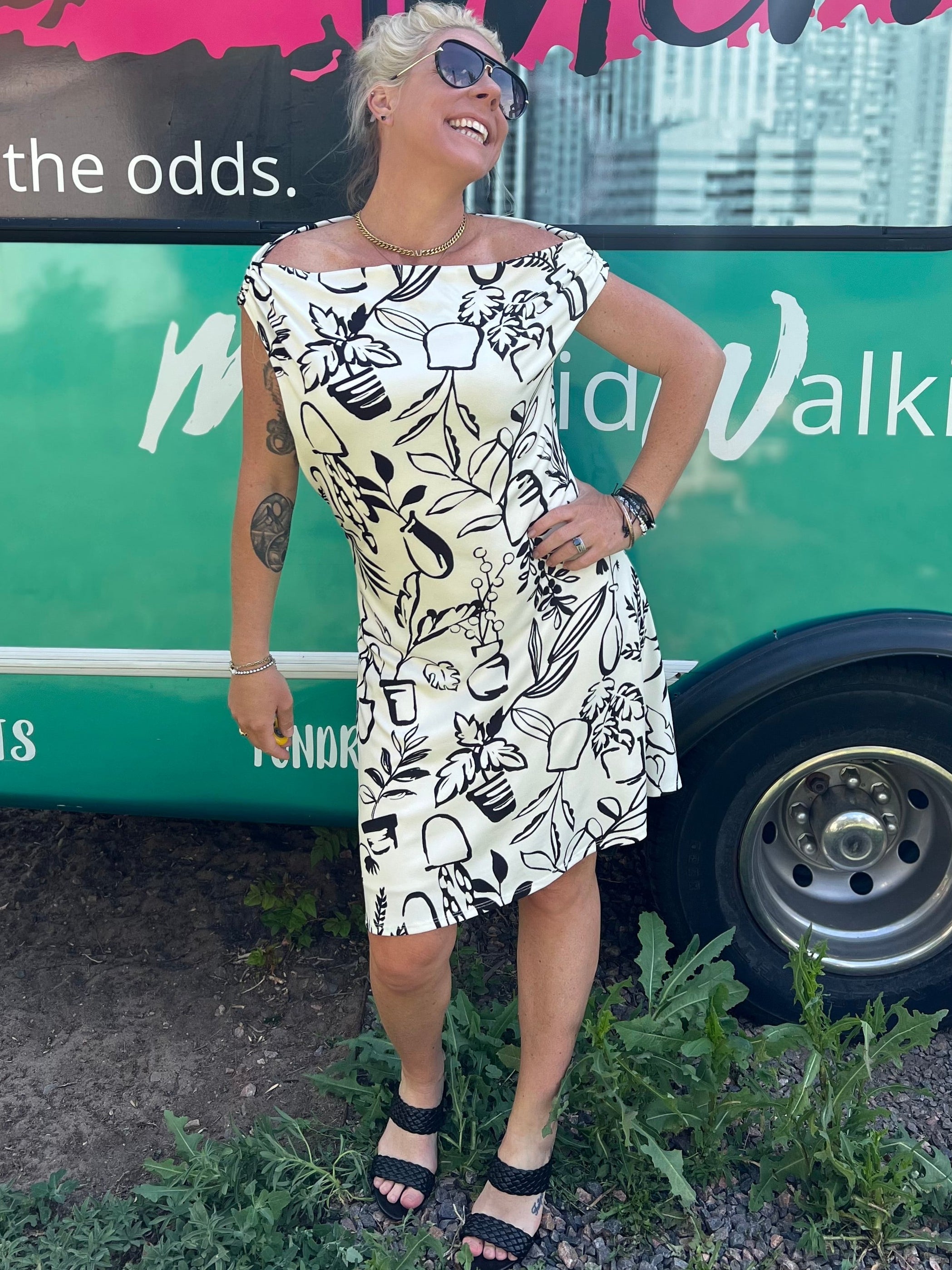 boat neck black and white plant sundress