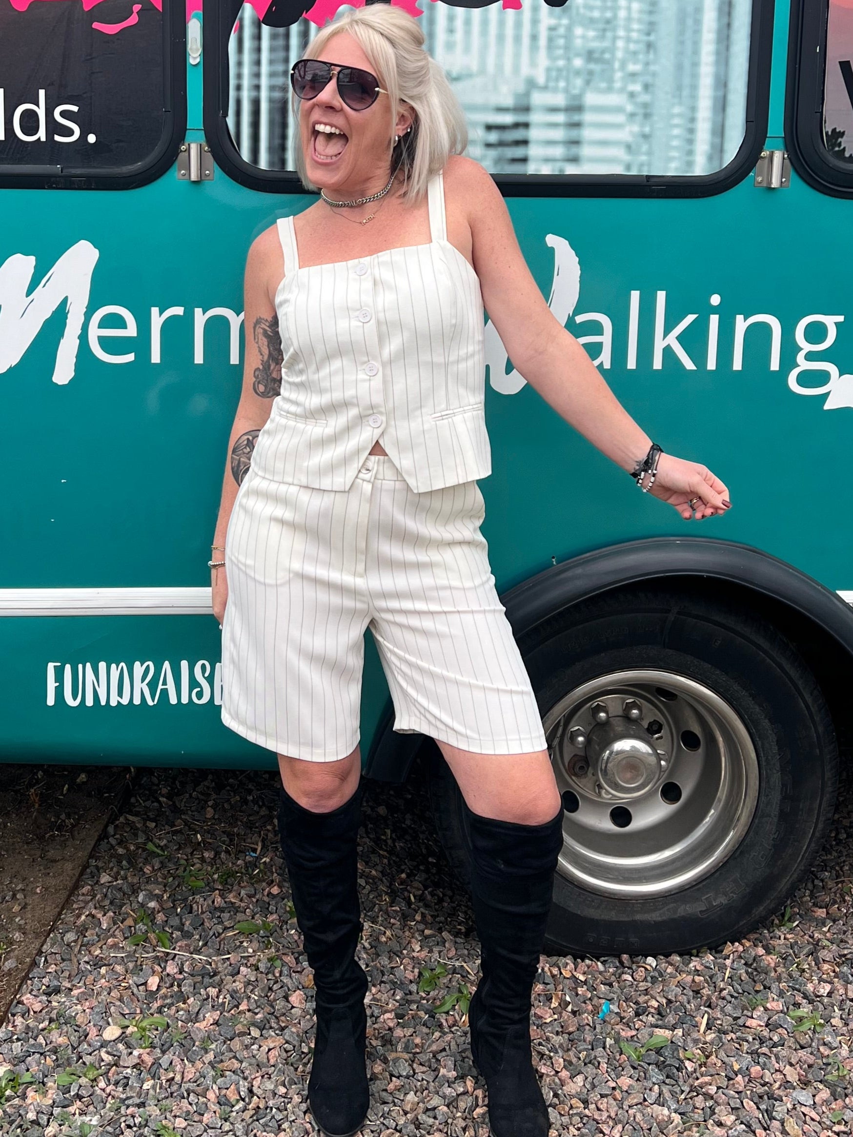 Pinstriped Bermuda Shorts in Ivory