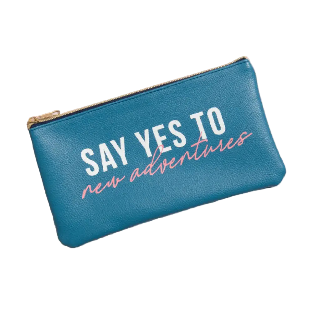 Teal pouch with 'Say Yes to New Adventures' text on a pink background
