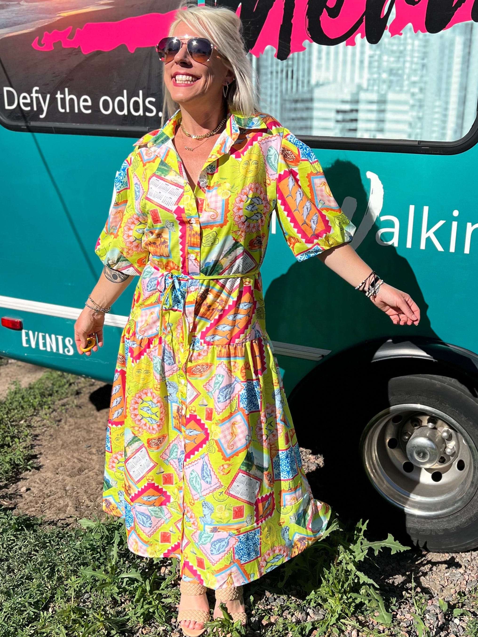 maxi dress with fun Summer print, button front, balloon short sleeves