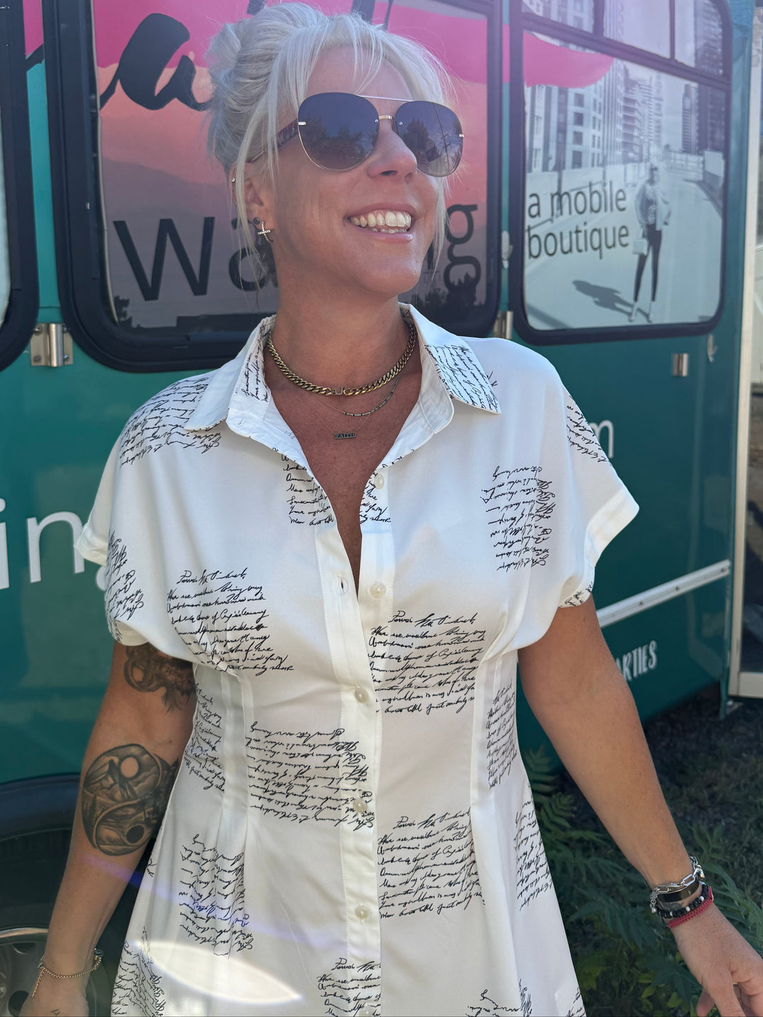 Script Dress Tunic Button Up