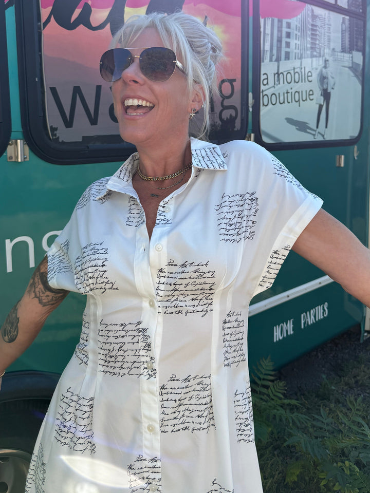 Script Dress Tunic Button Up