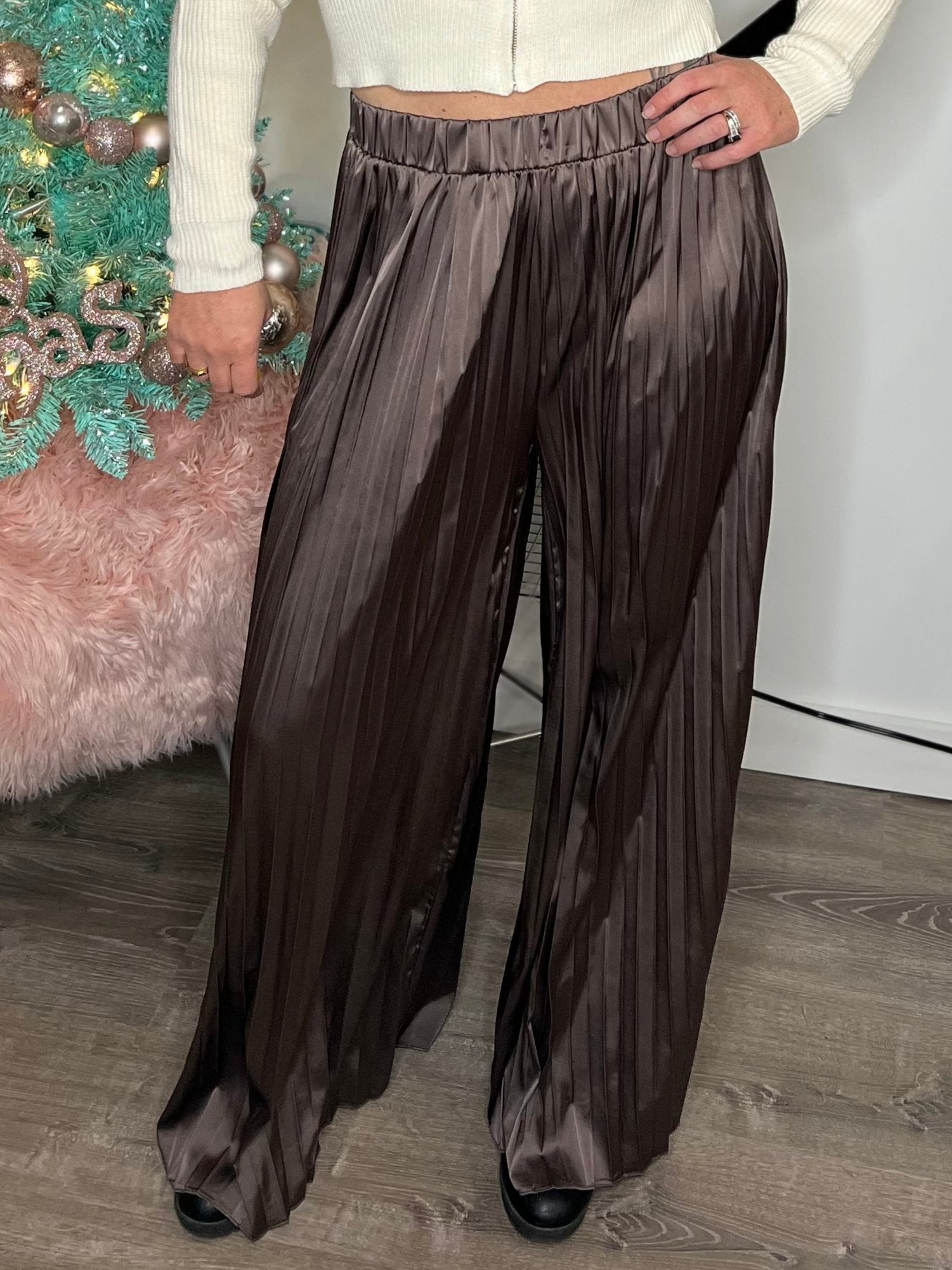 pleated satin wide leg pants mocha