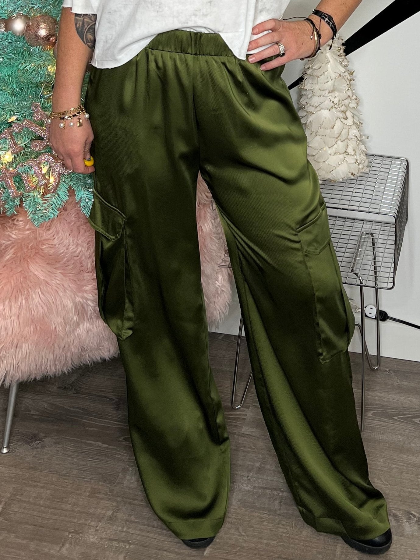 green satin wide leg cargo pants