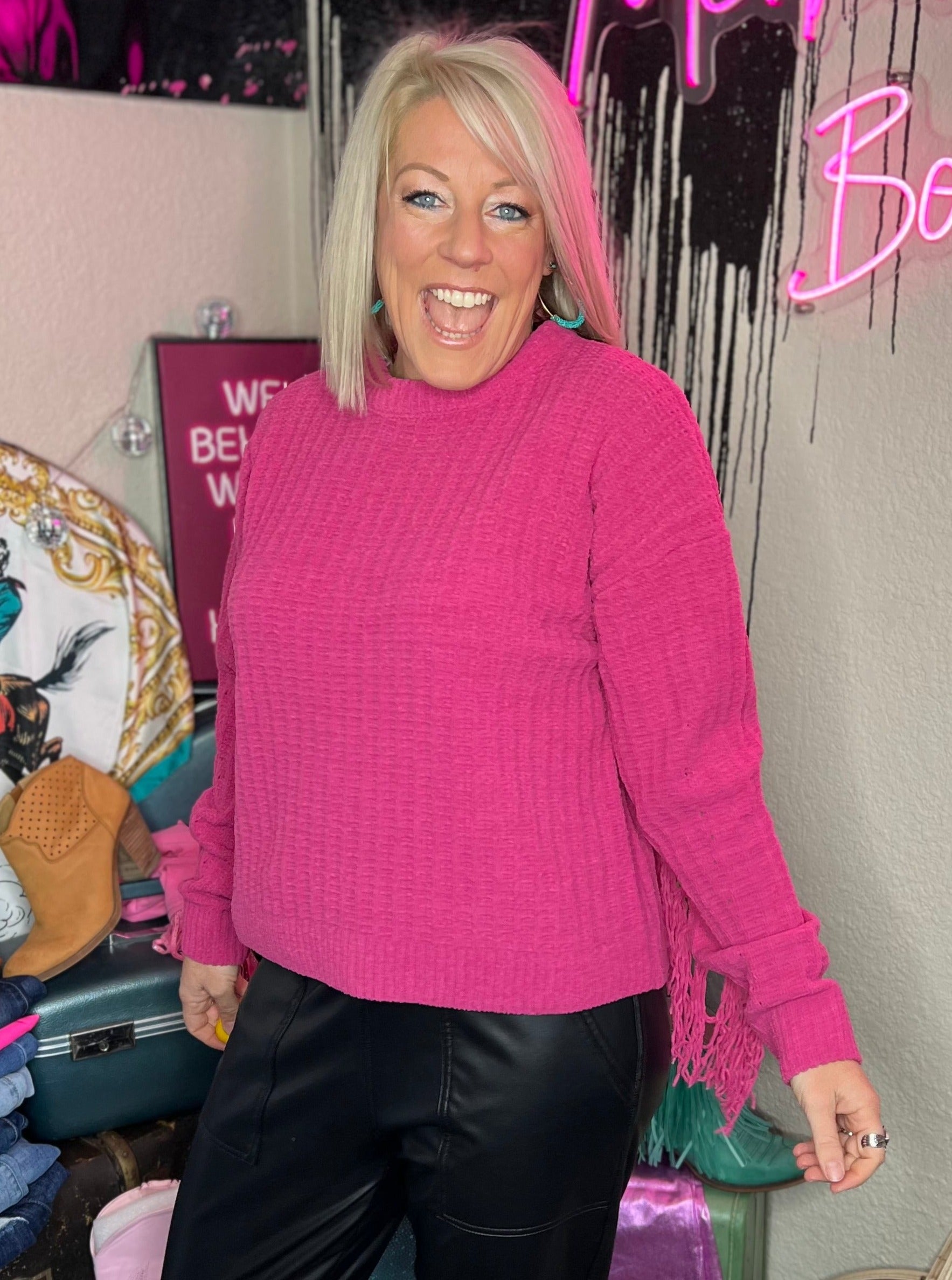 Andrea Hot Pink Fringe Sweater