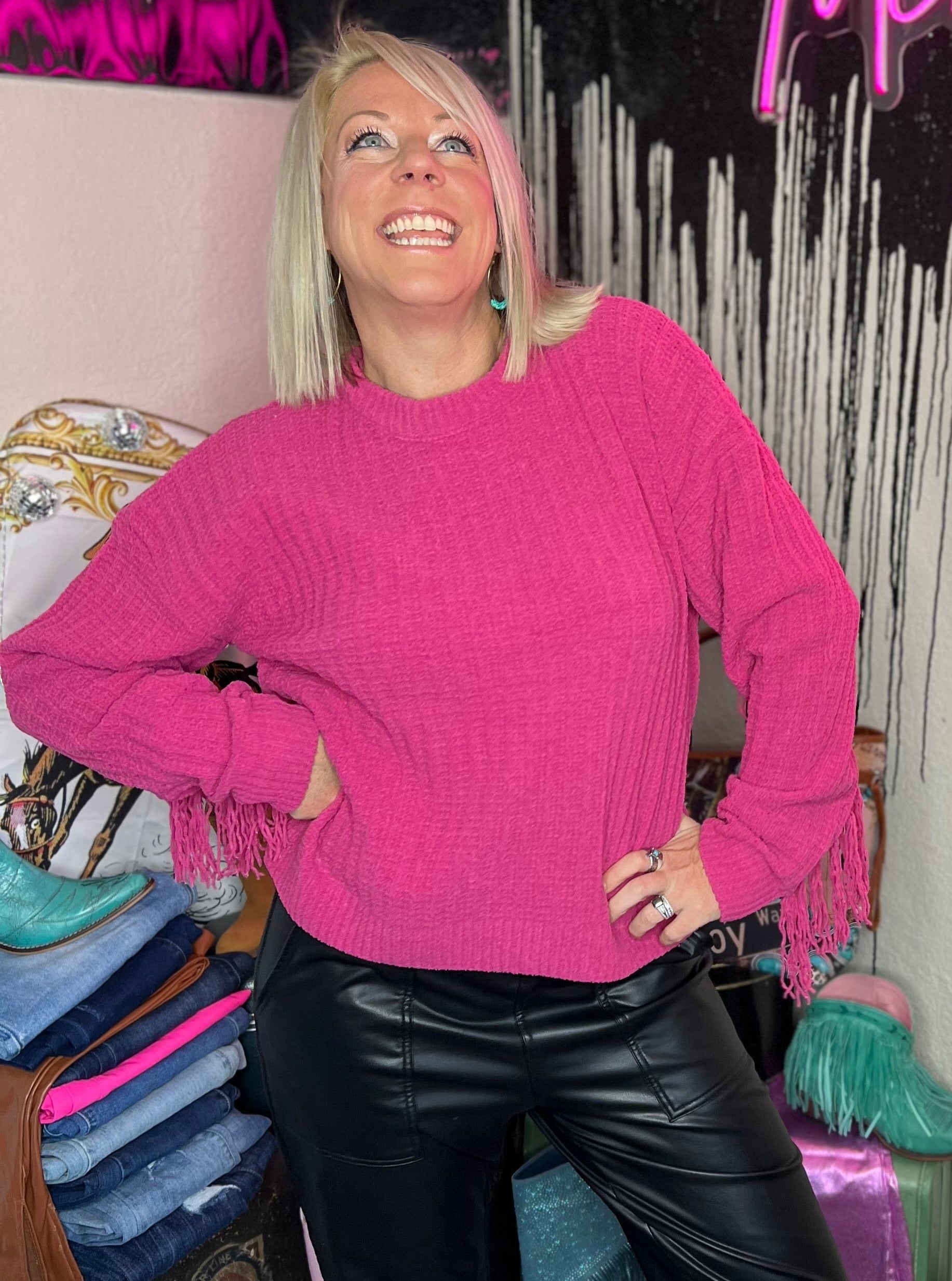 Andrea Hot Pink Fringe Sweater