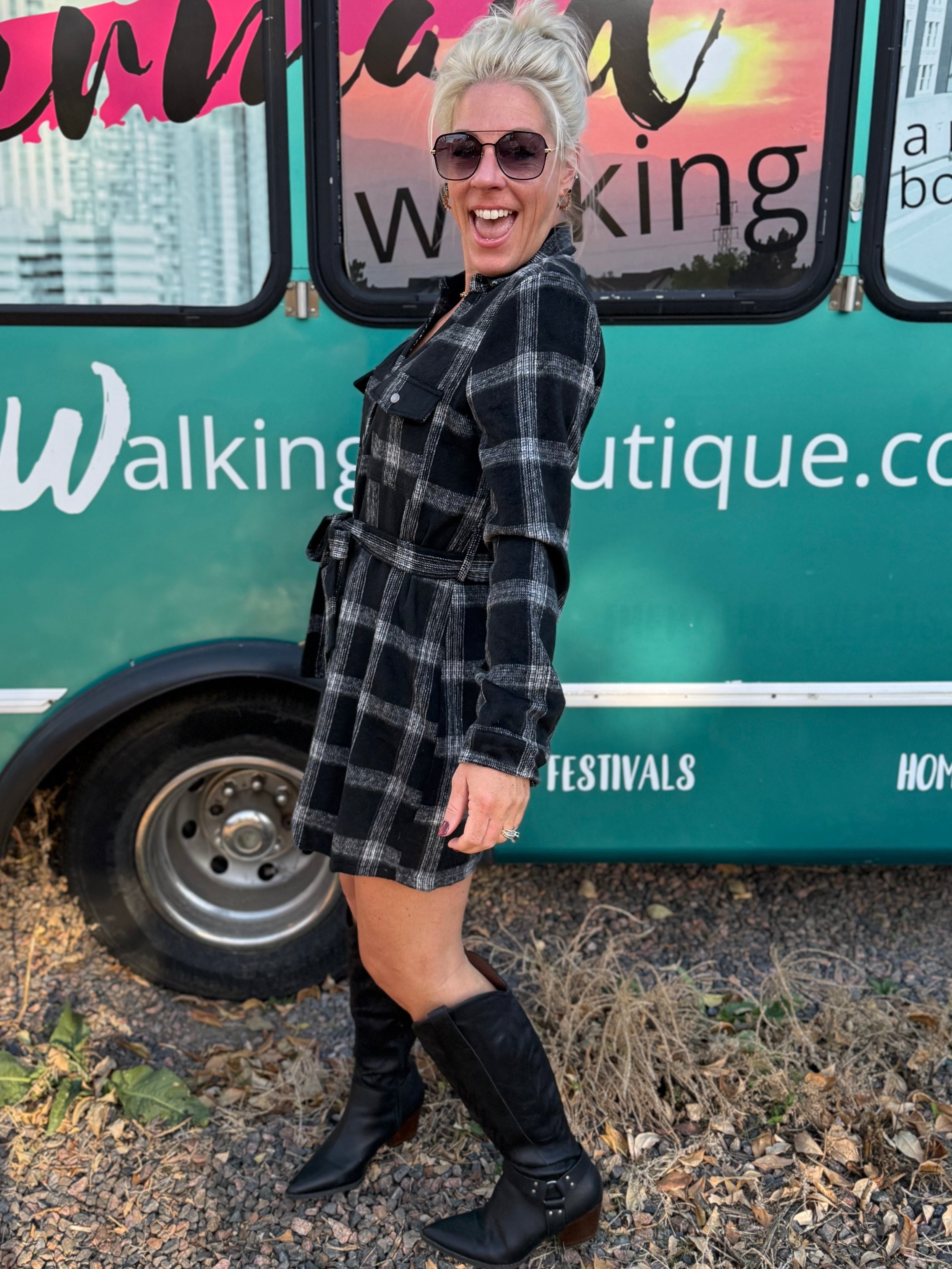 Rowan Plaid Shirt Dress in Black