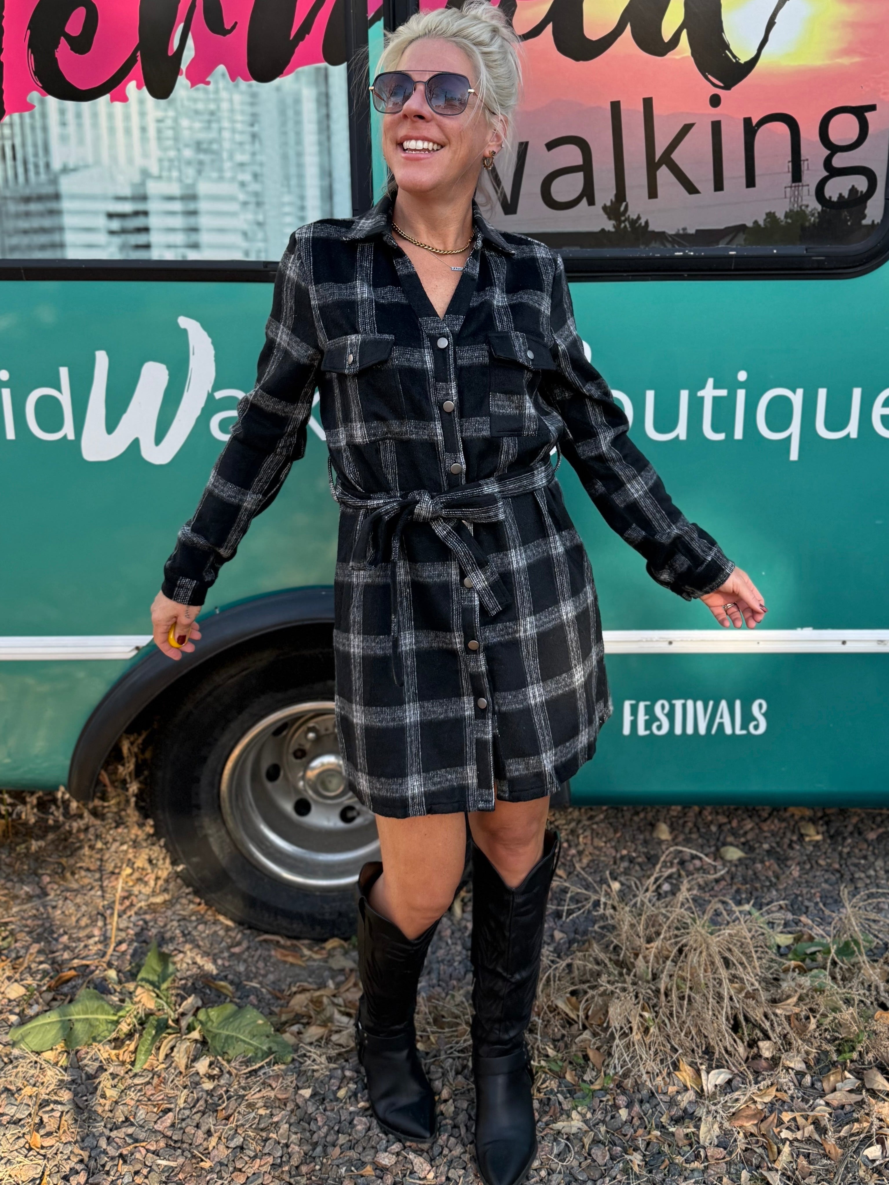 Rowan Plaid Shirt Dress in Black