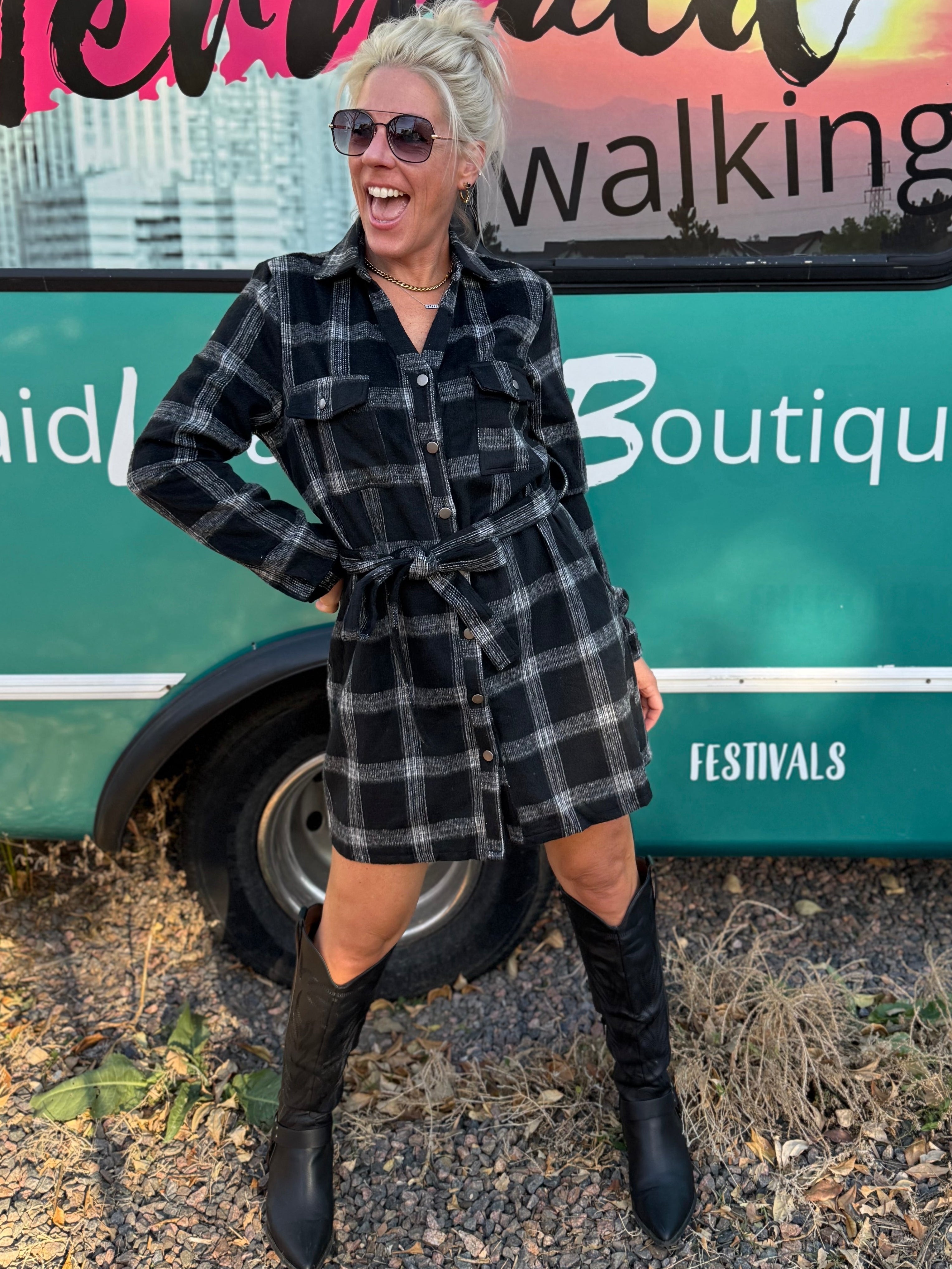 Rowan Plaid Shirt Dress in Black