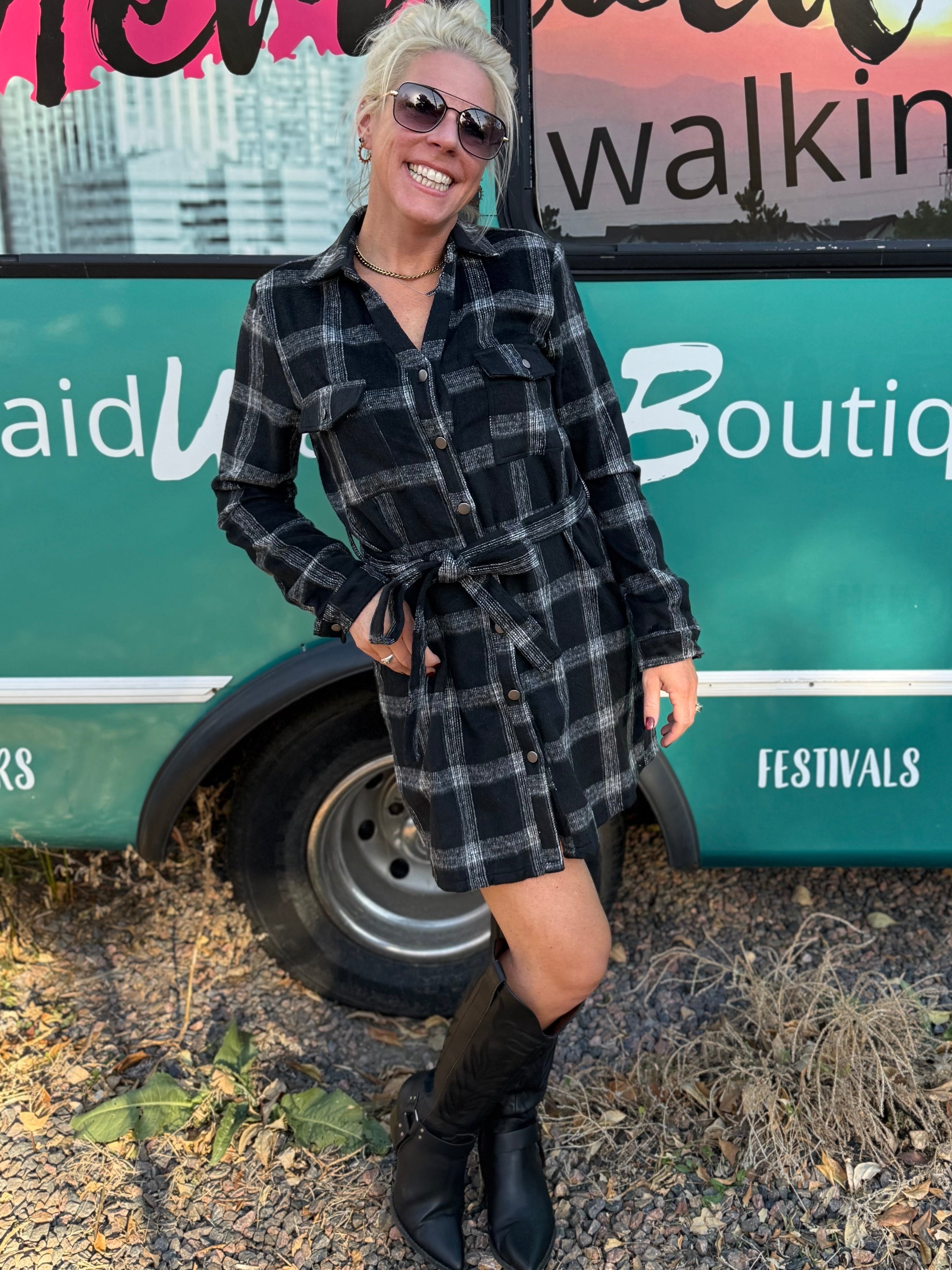 Rowan Plaid Shirt Dress in Black