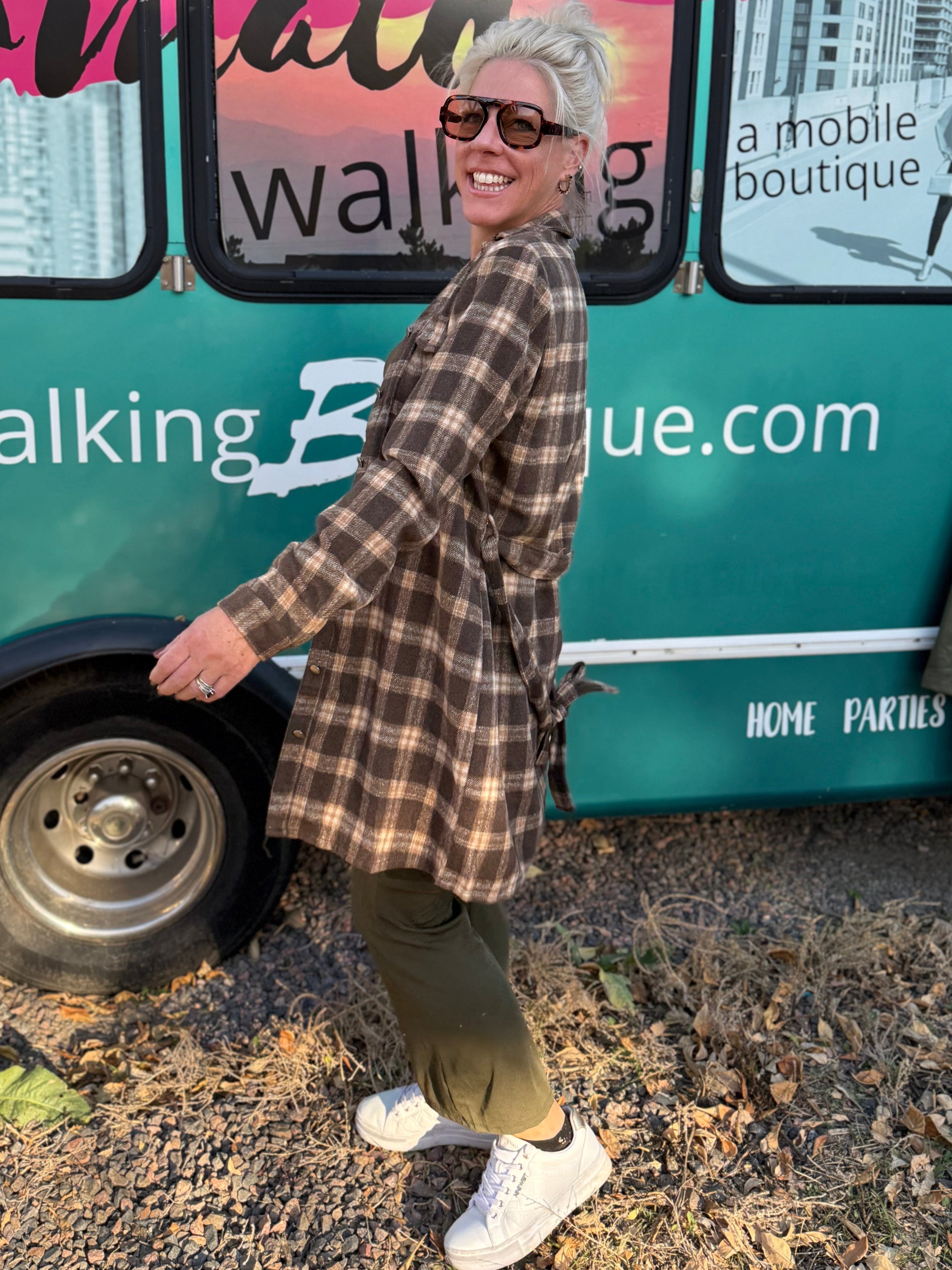 Rowan Plaid Shirt Dress in Brown