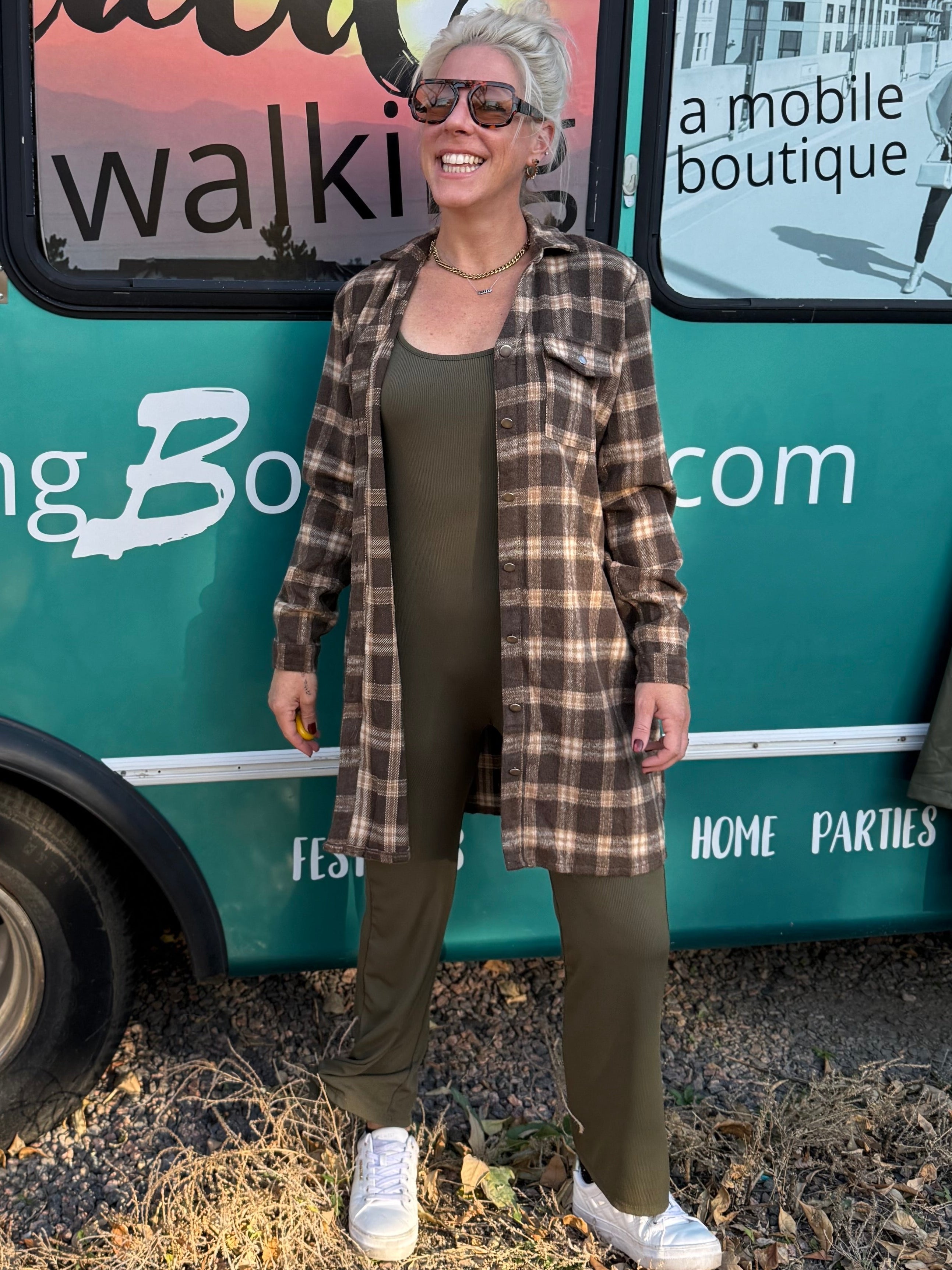 Rowan Plaid Shirt Dress in Brown