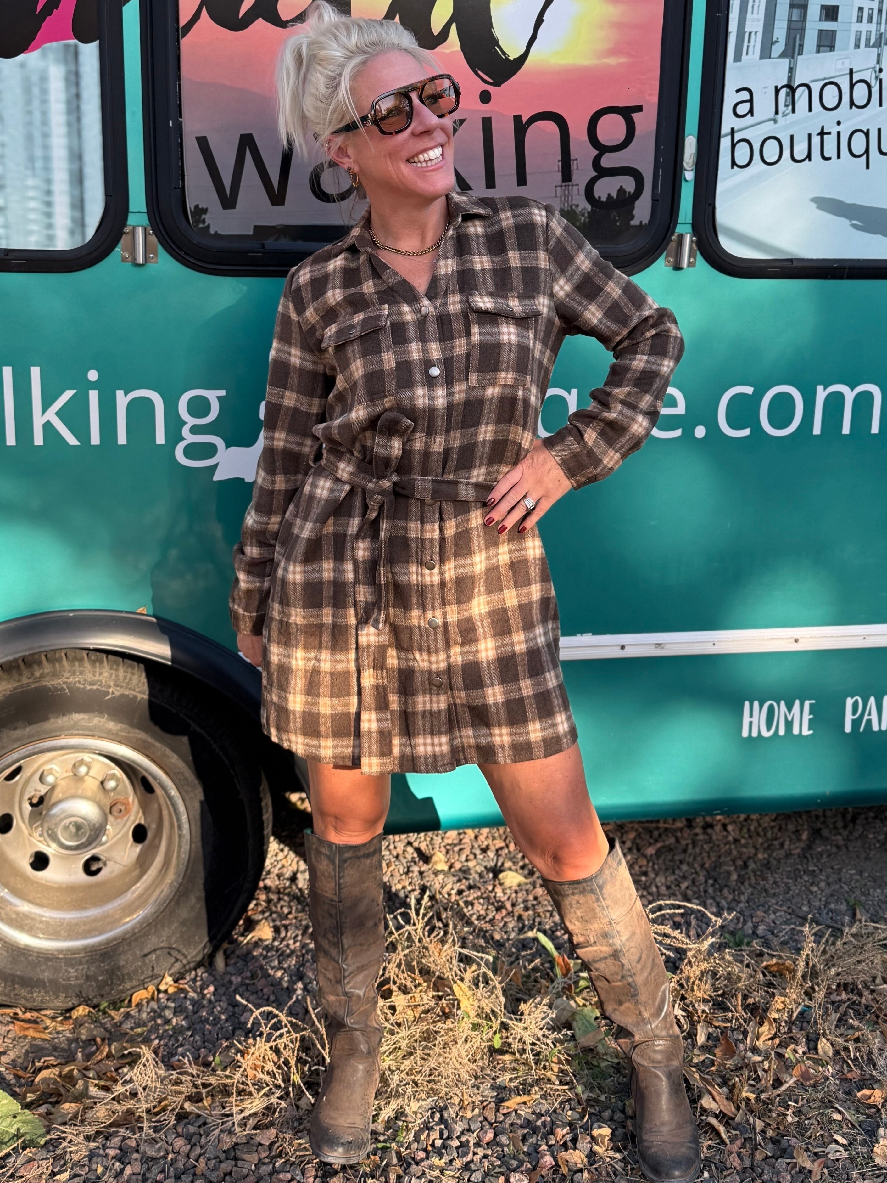 Rowan Plaid Shirt Dress in Brown