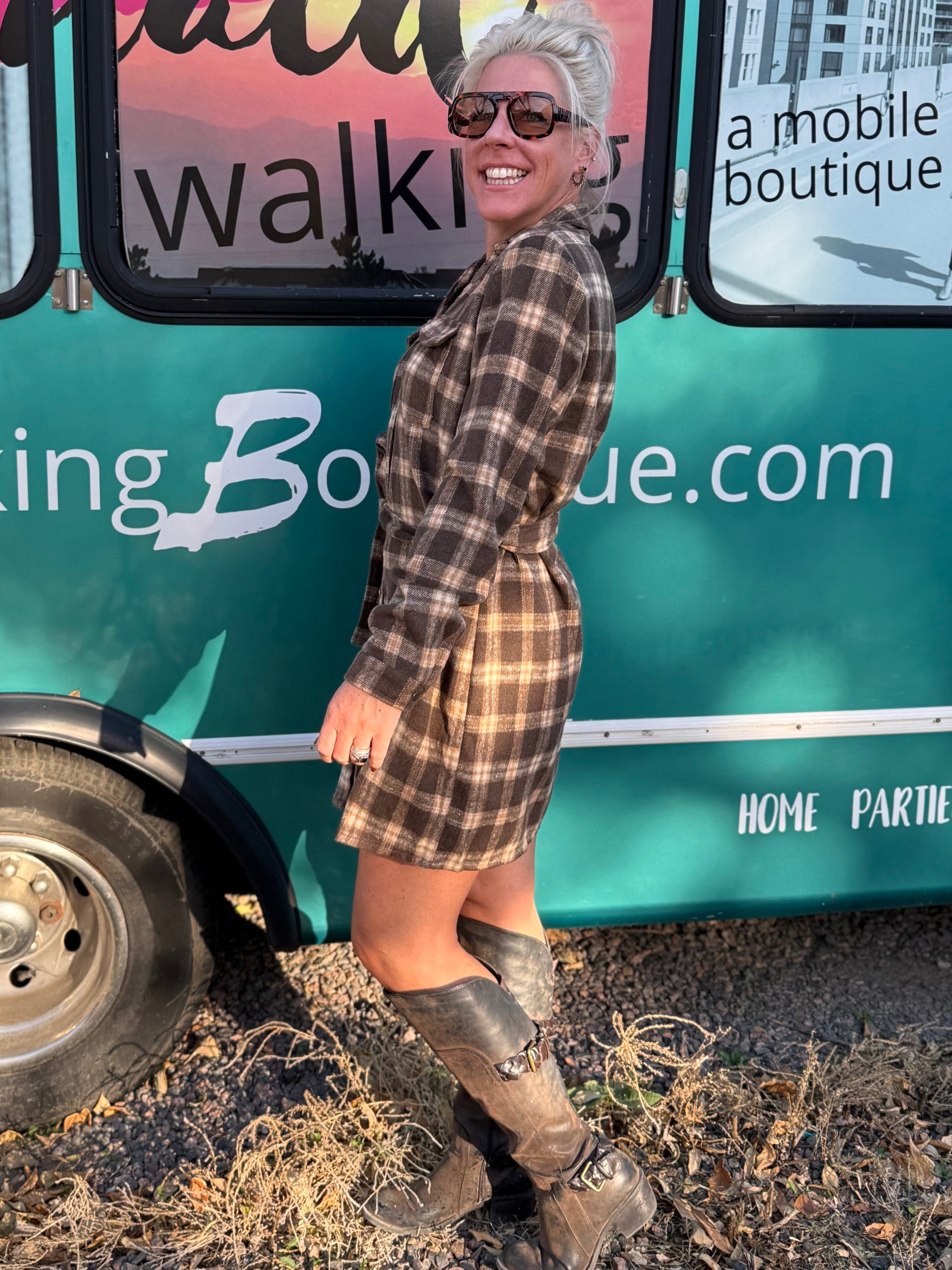 Rowan Plaid Shirt Dress in Brown