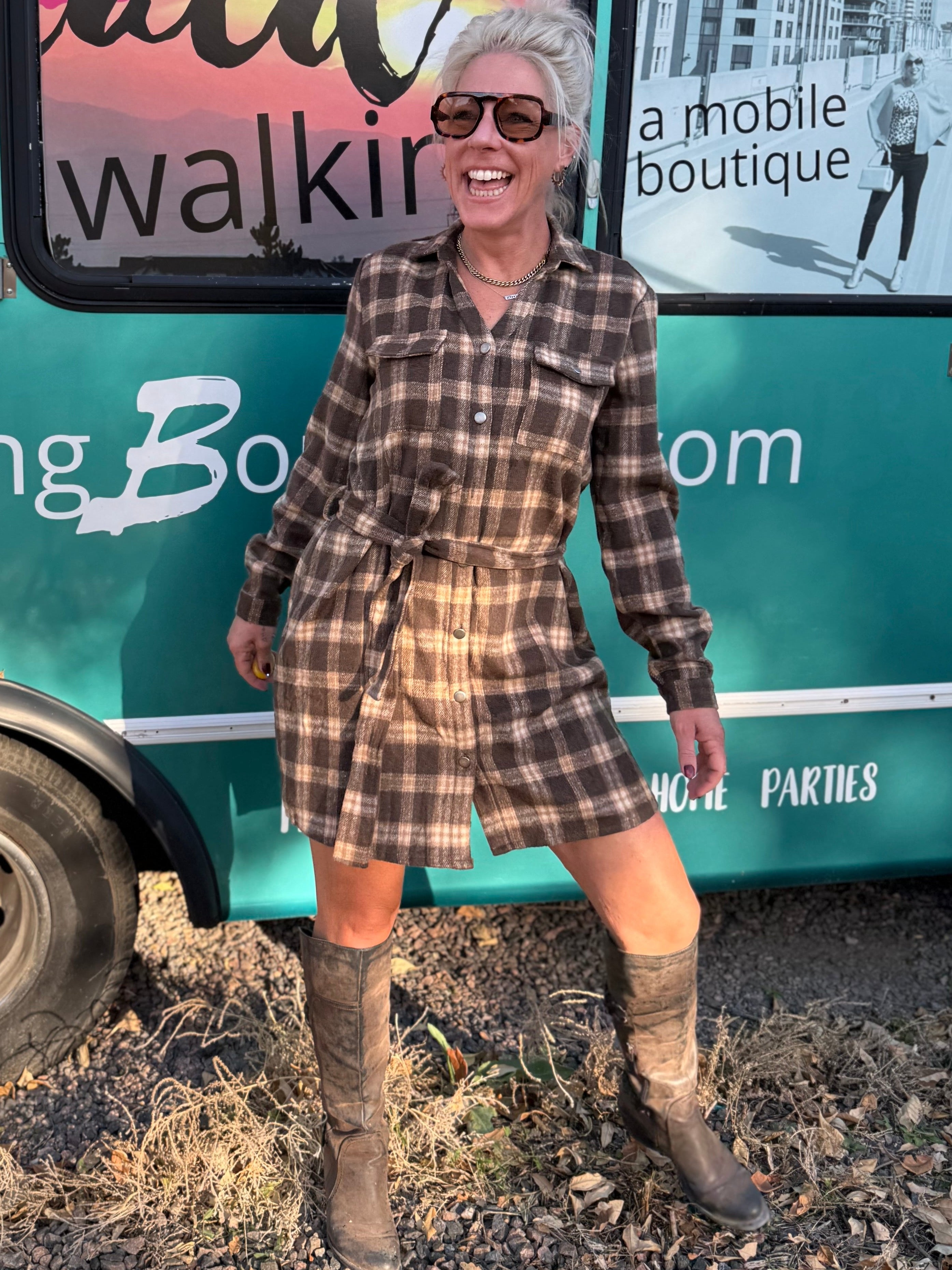 Rowan Plaid Shirt Dress in Brown