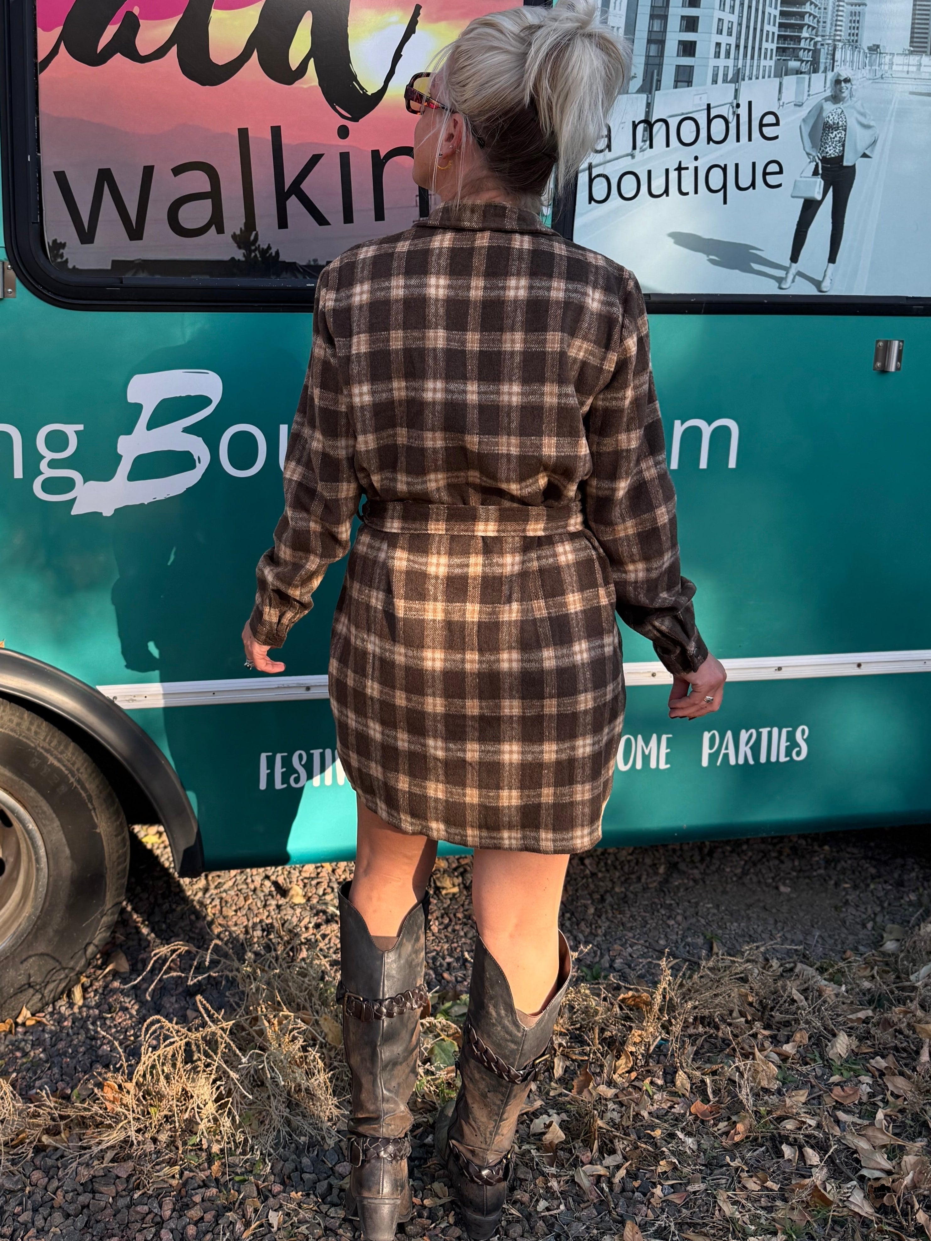 Rowan Plaid Shirt Dress in Brown