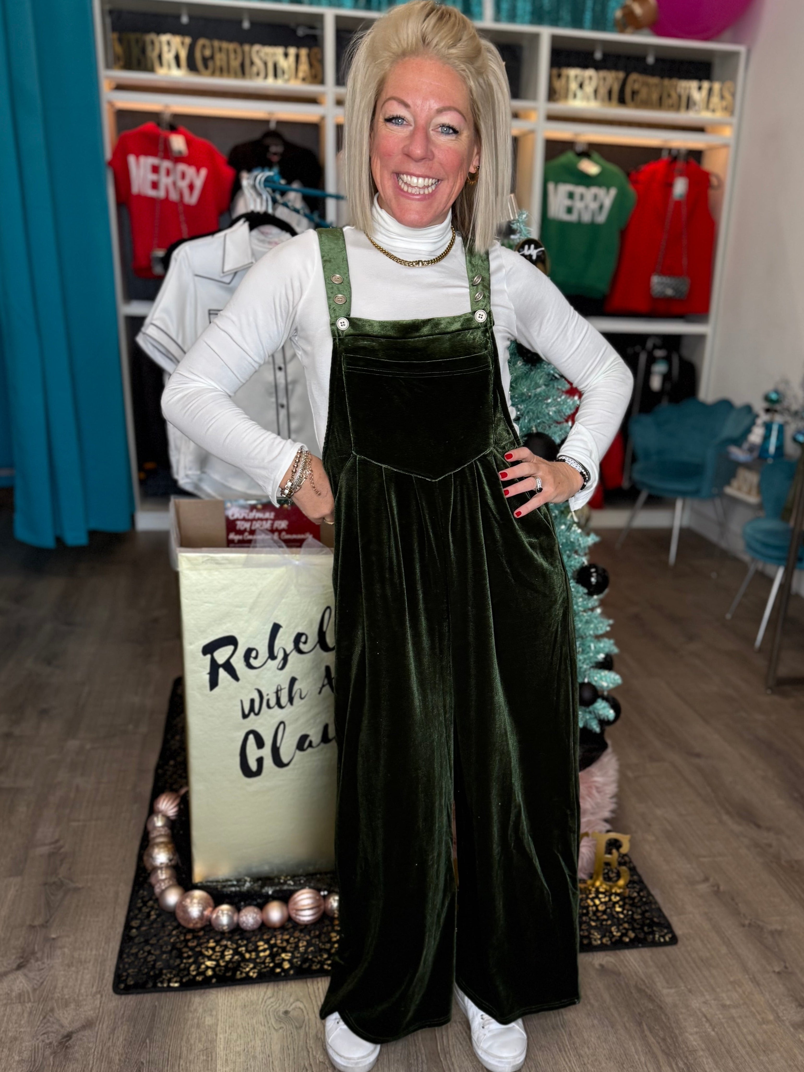 Velvet Overalls in Hunter Green