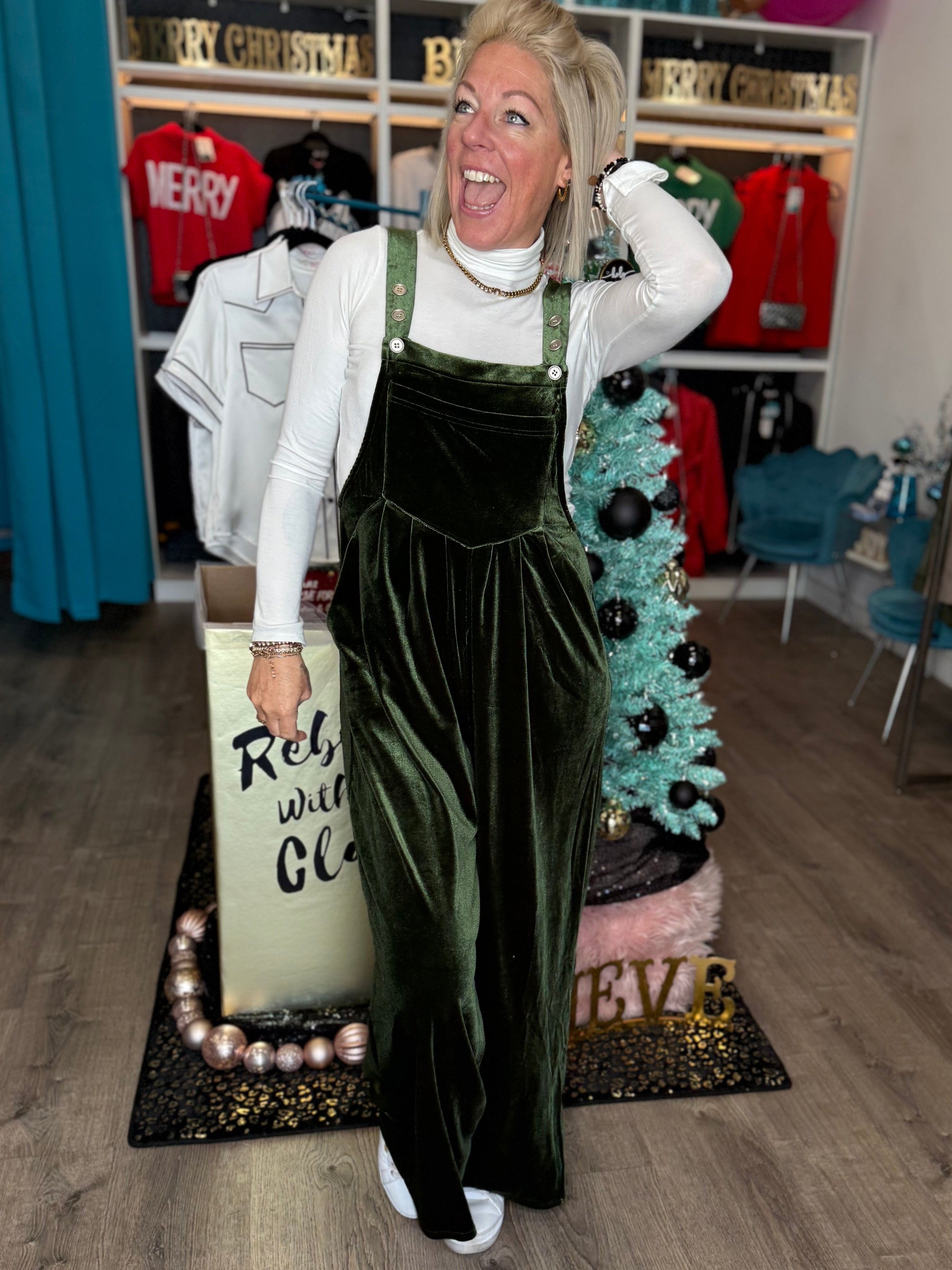 Velvet Overalls in Hunter Green