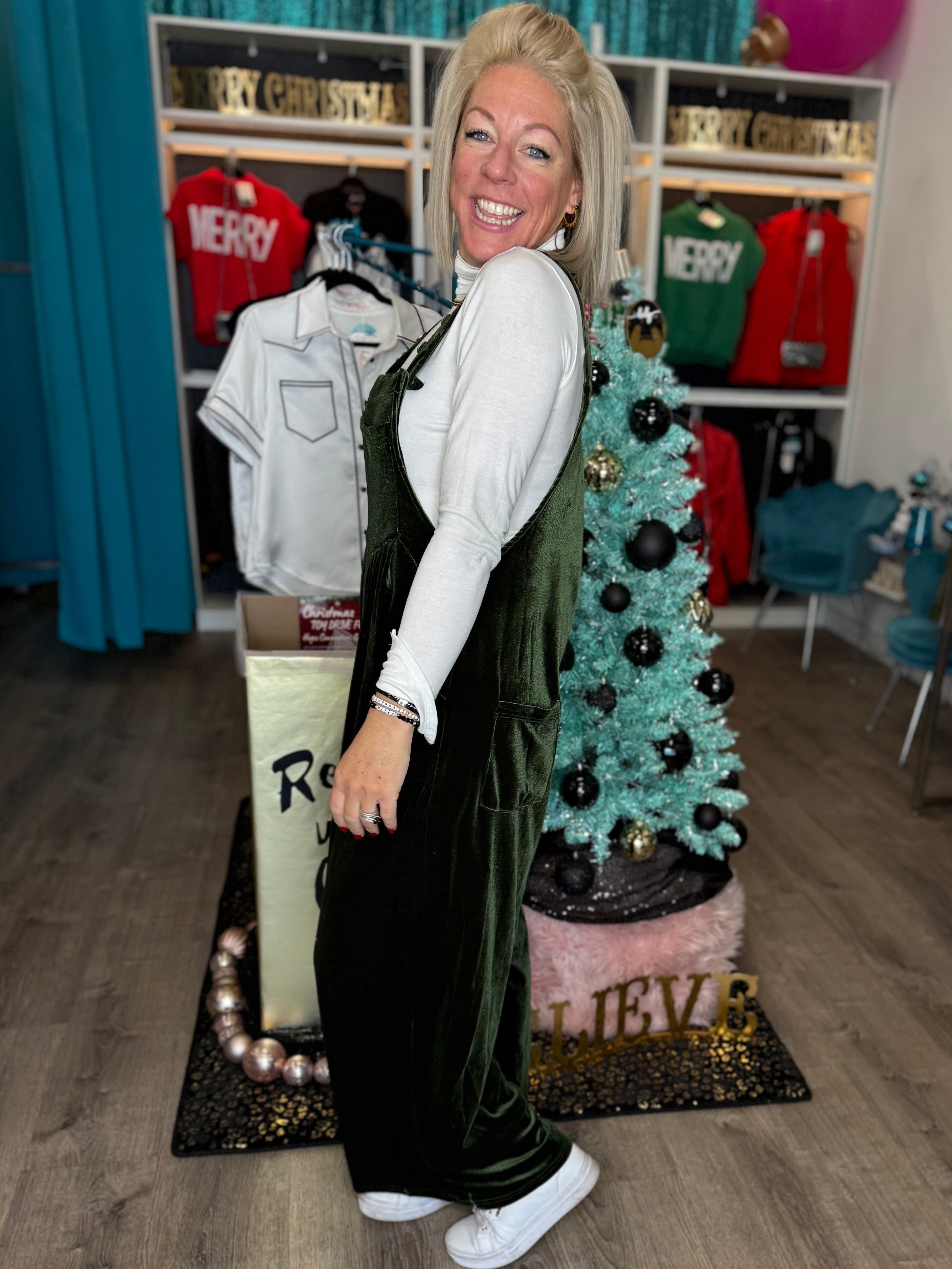 Velvet Overalls in Hunter Green