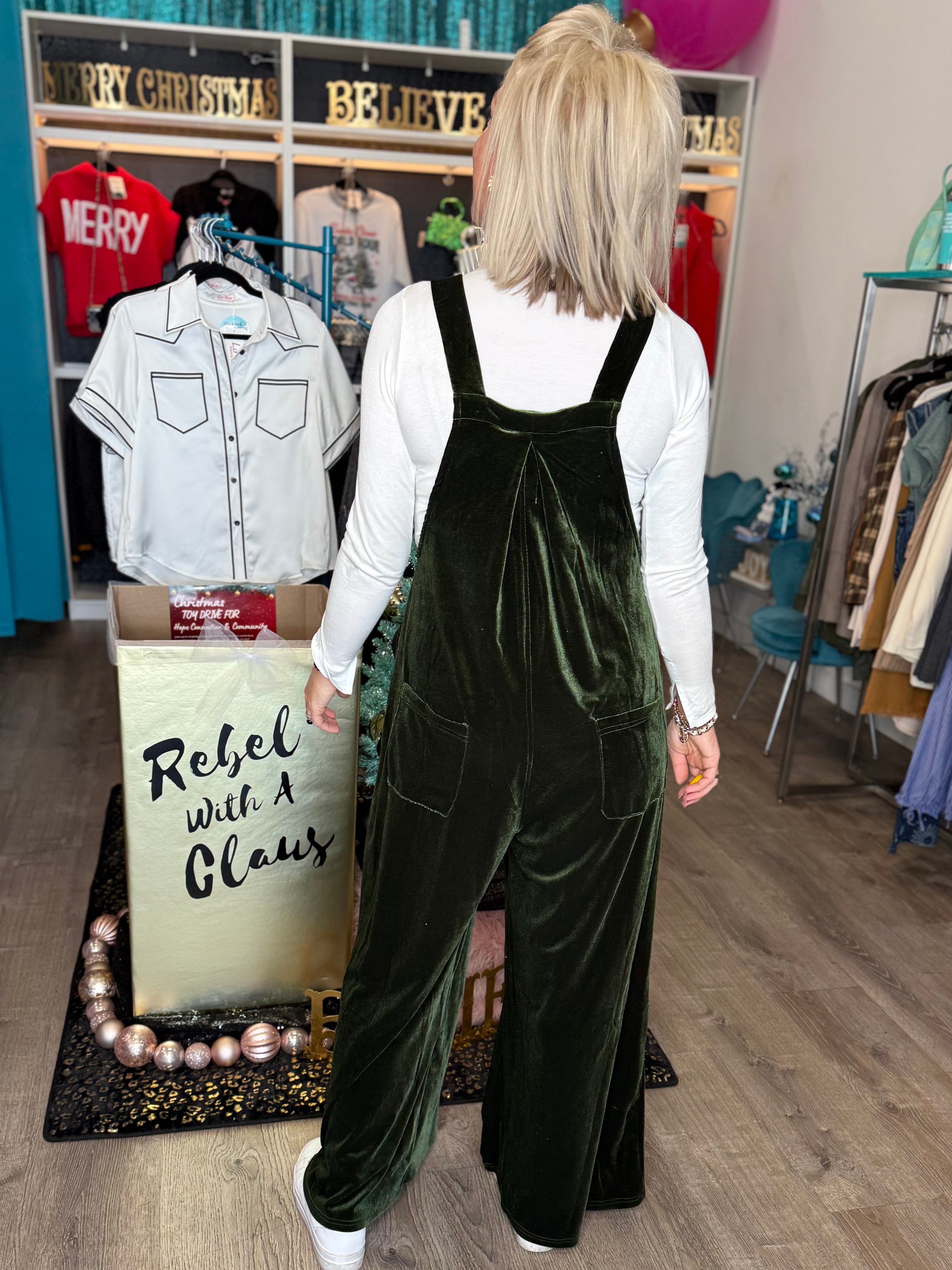 Velvet Overalls in Hunter Green