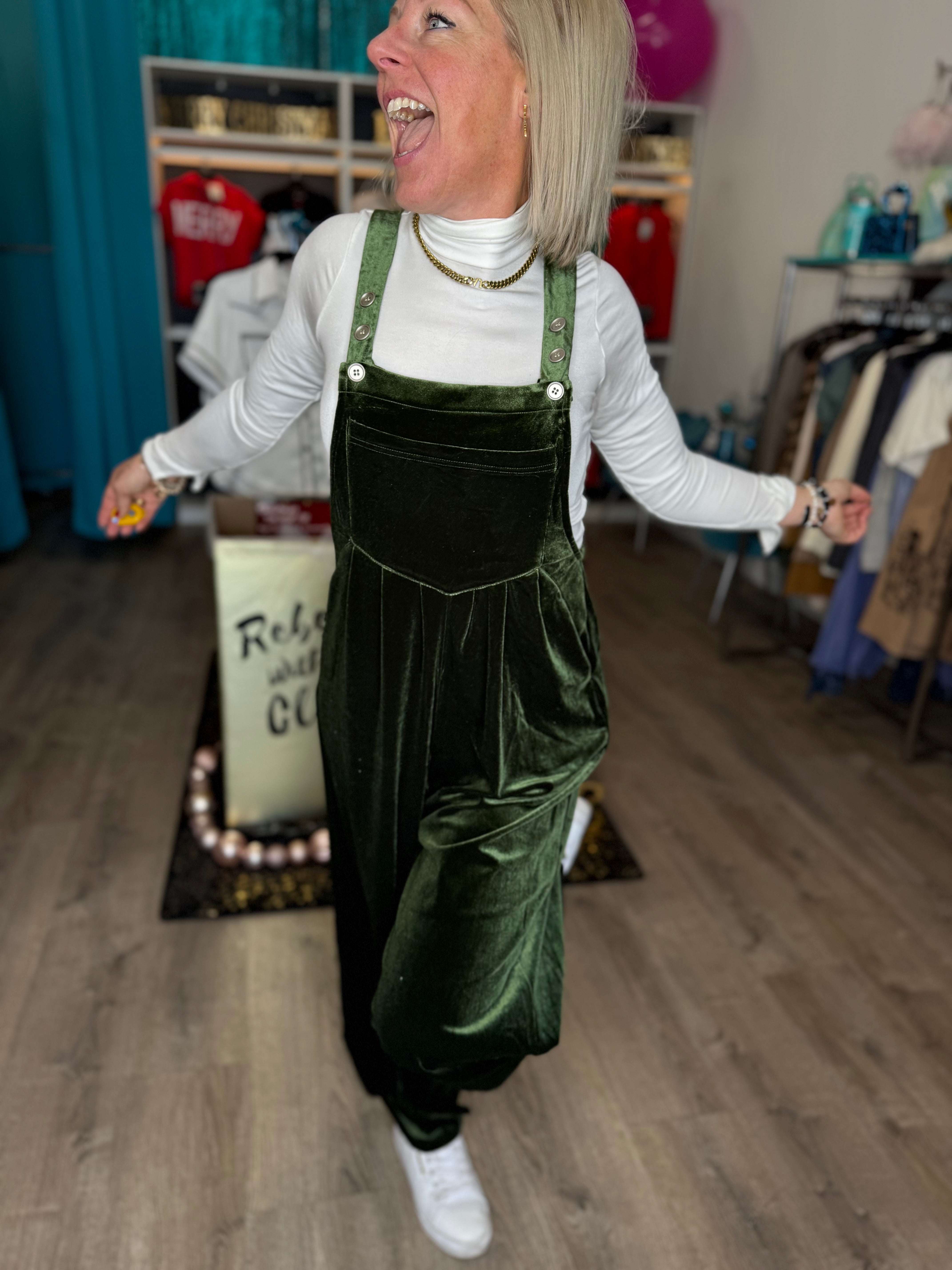 Velvet Overalls in Hunter Green