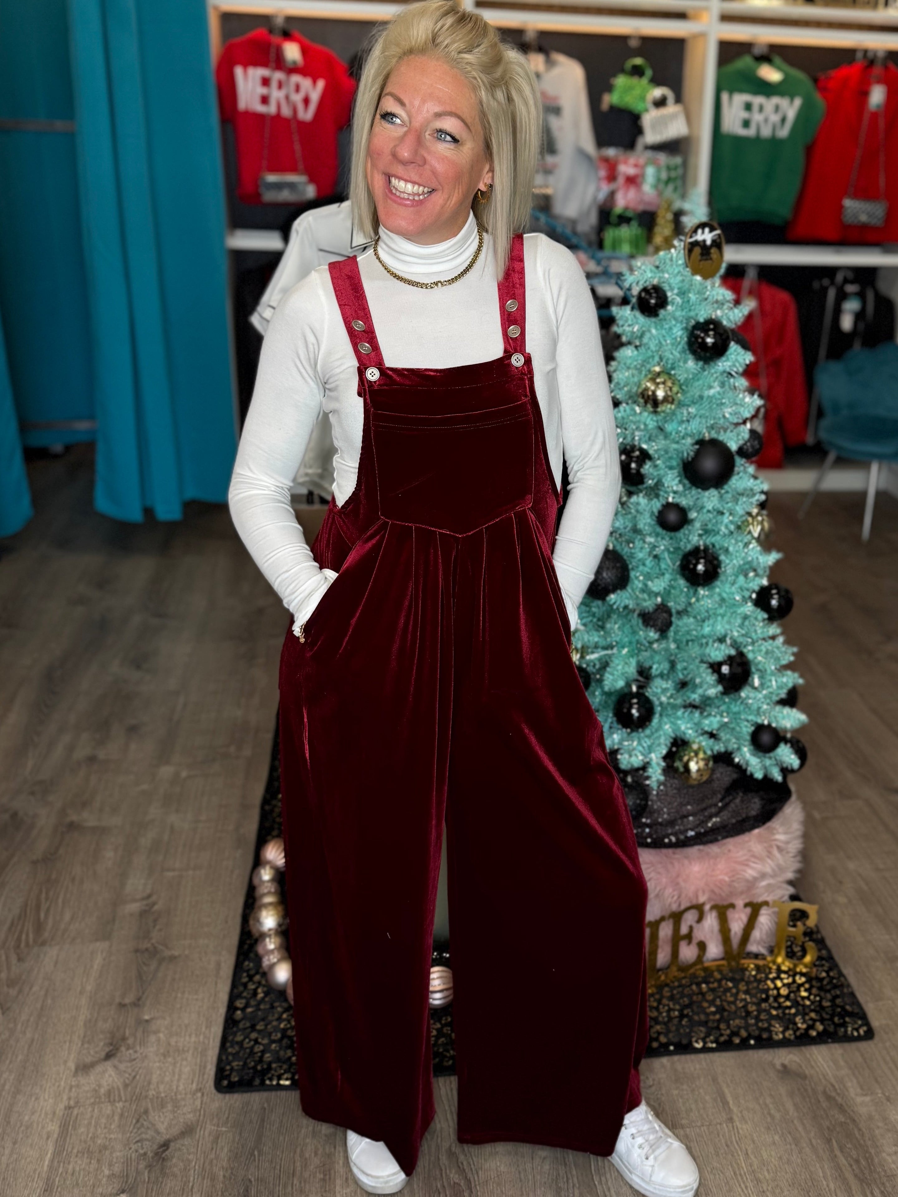 Velvet Overalls in Burgundy