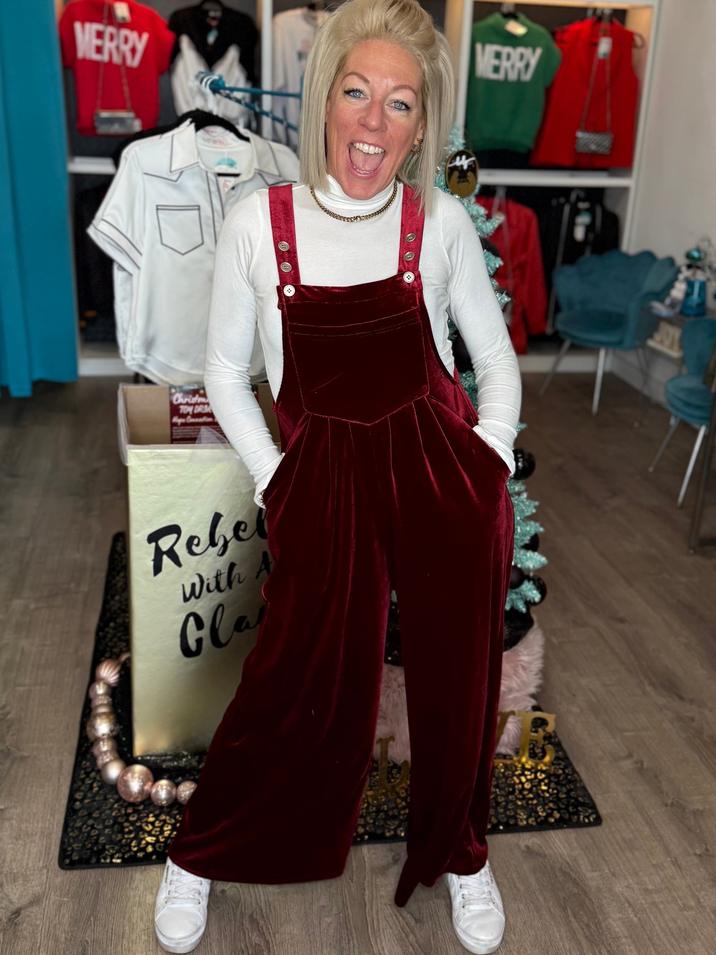 Velvet Overalls in Burgundy