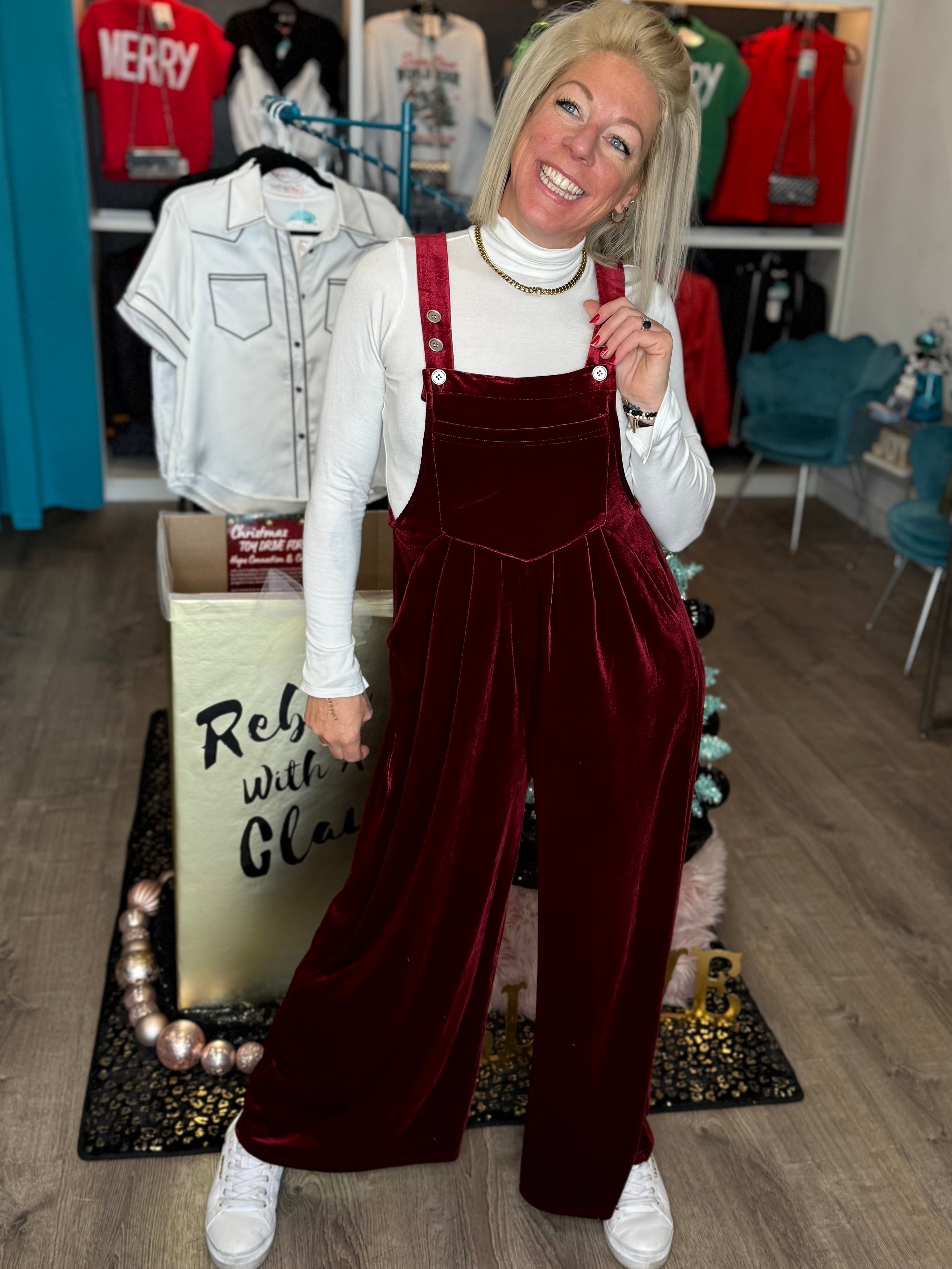 Velvet Overalls in Burgundy