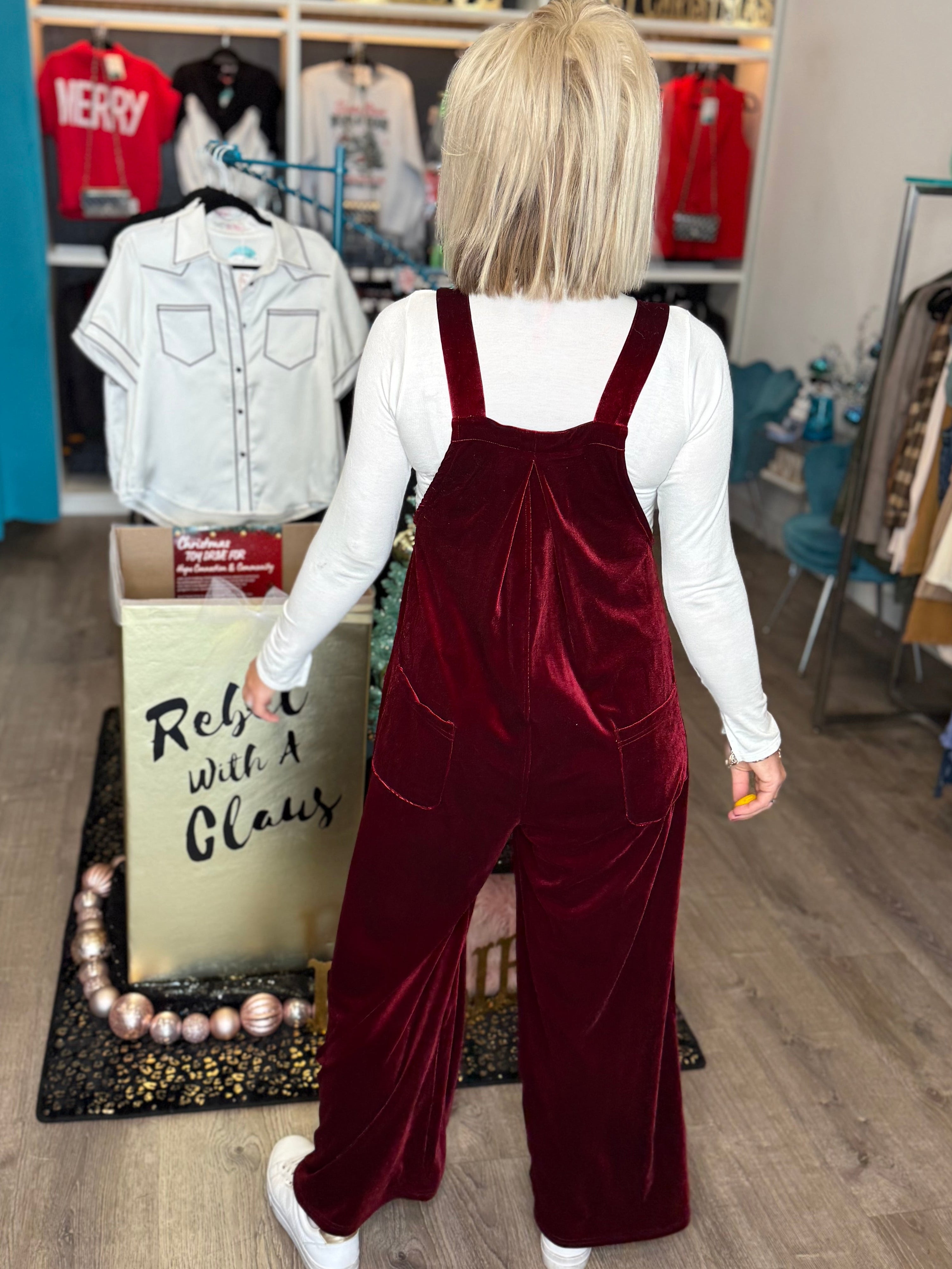Velvet Overalls in Burgundy