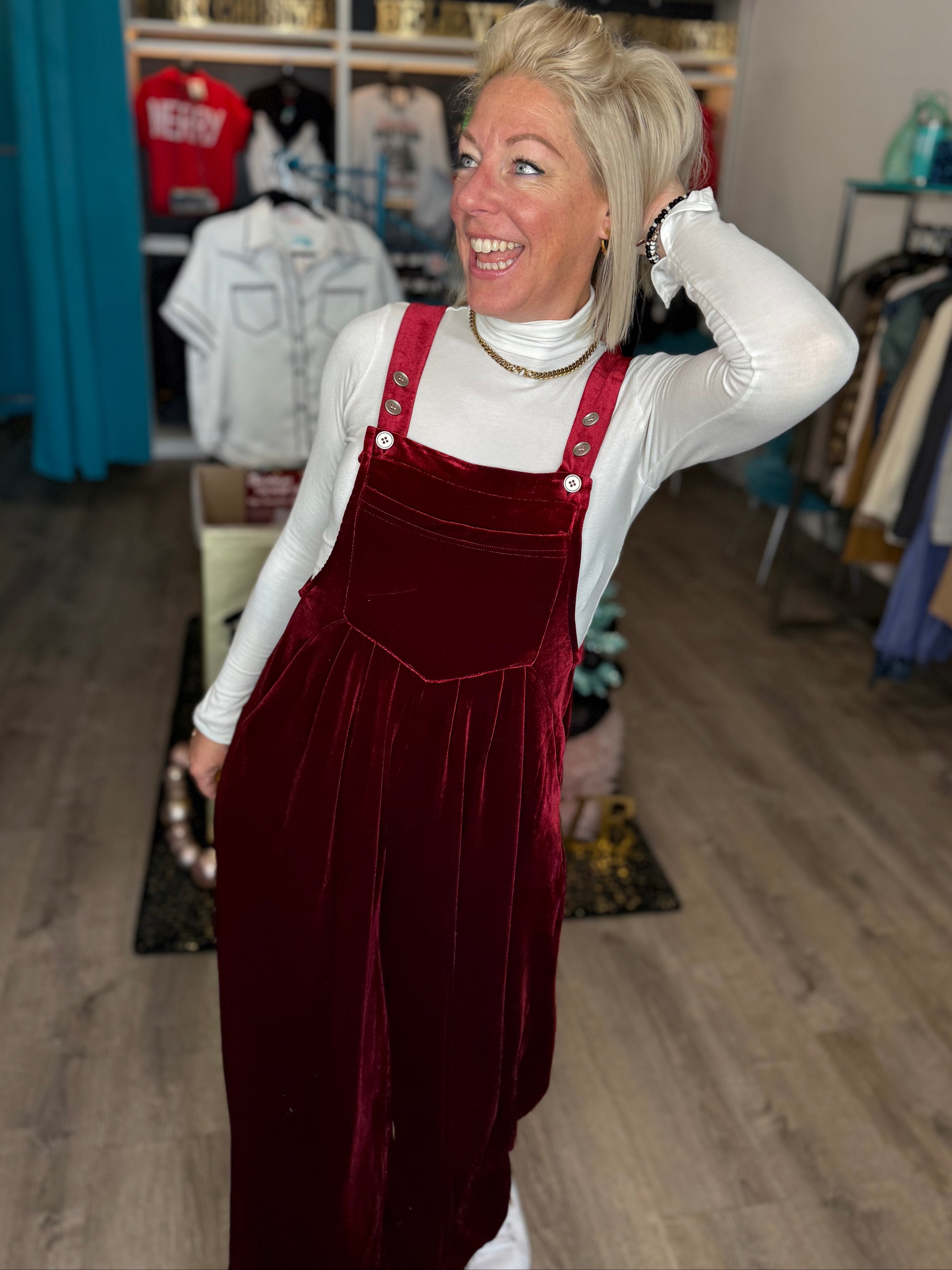 Velvet Overalls in Burgundy