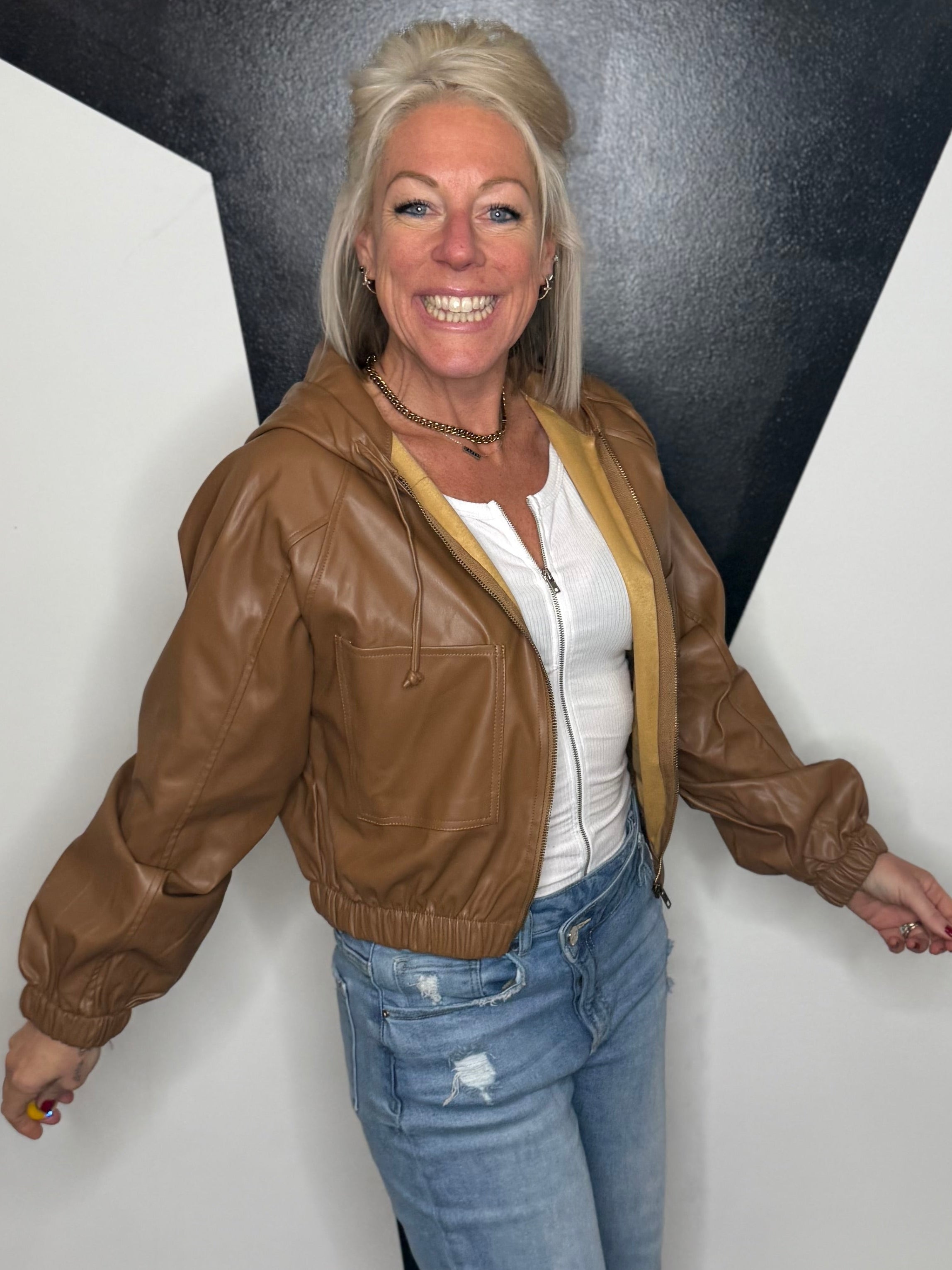 Hooded Faux Leather Bomber Jacket