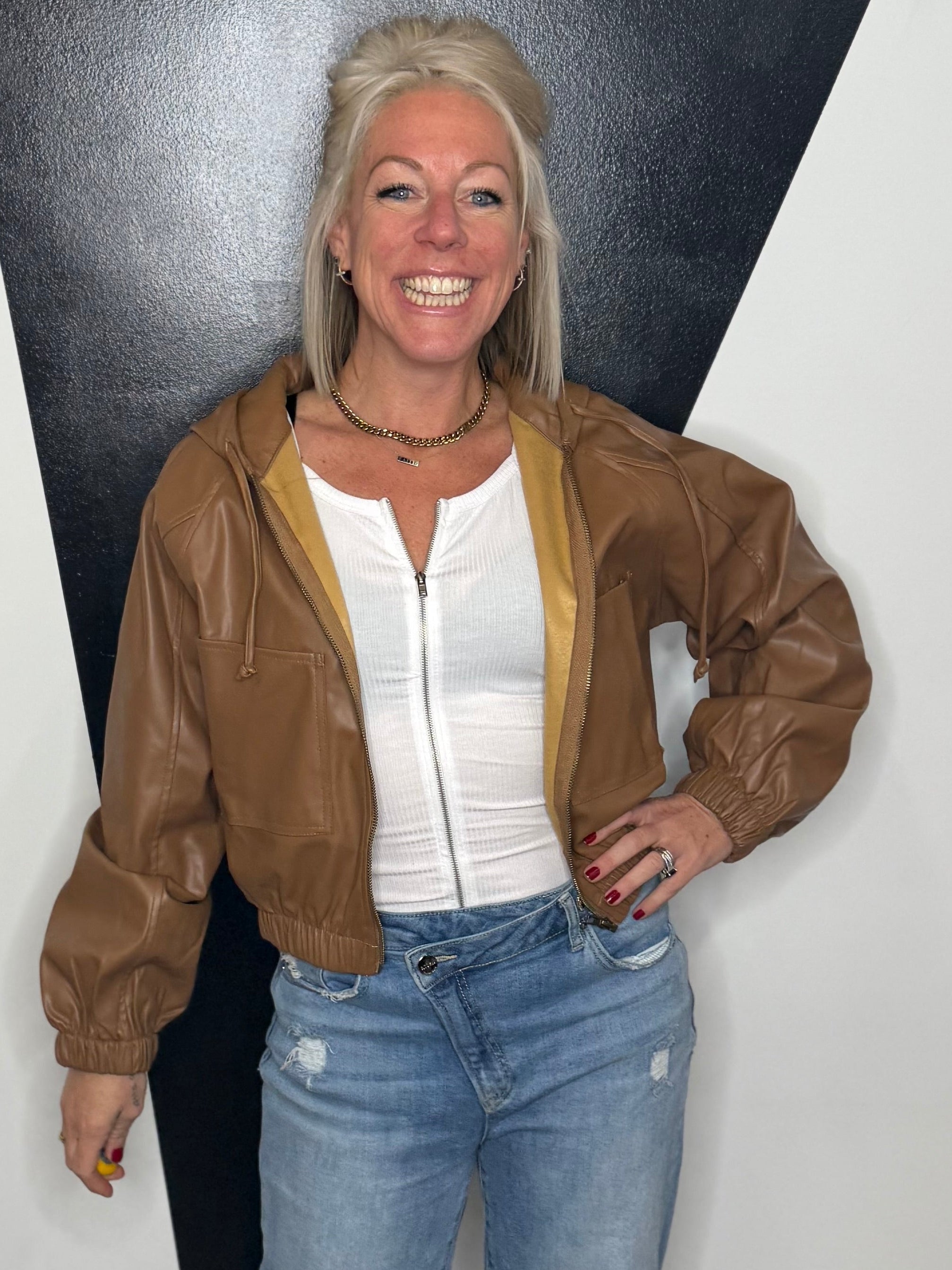 Hooded Faux Leather Bomber Jacket