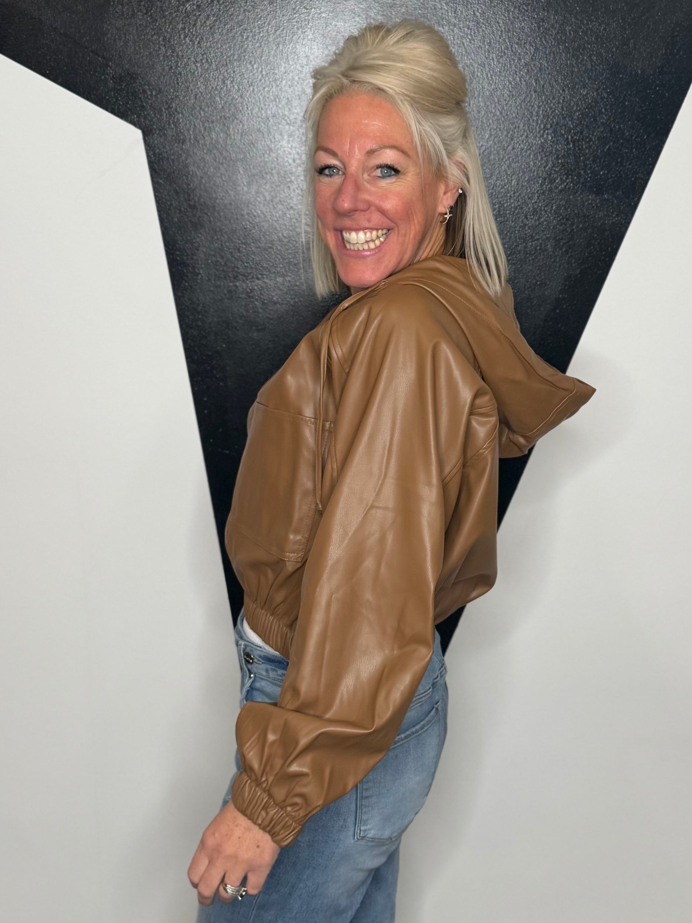 Hooded Faux Leather Bomber Jacket