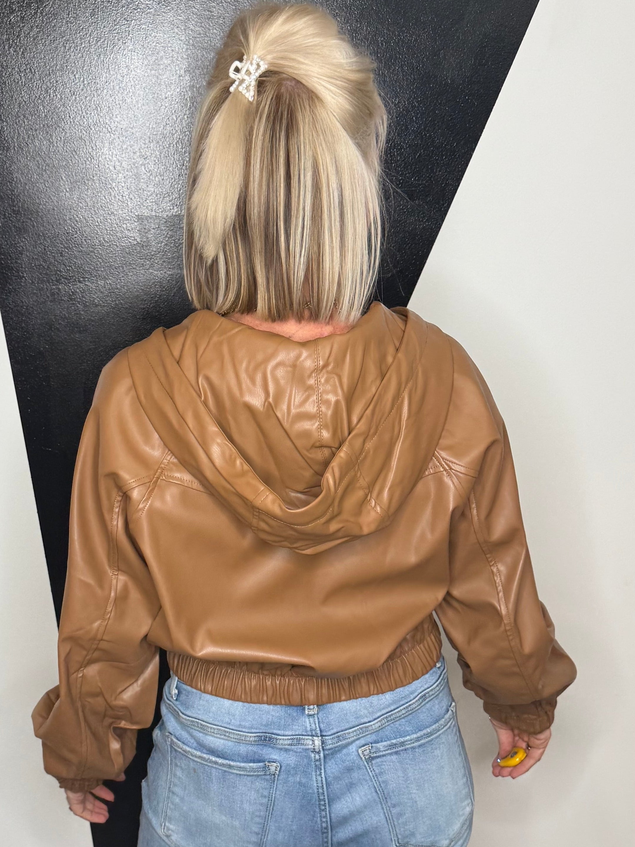 Hooded Faux Leather Bomber Jacket