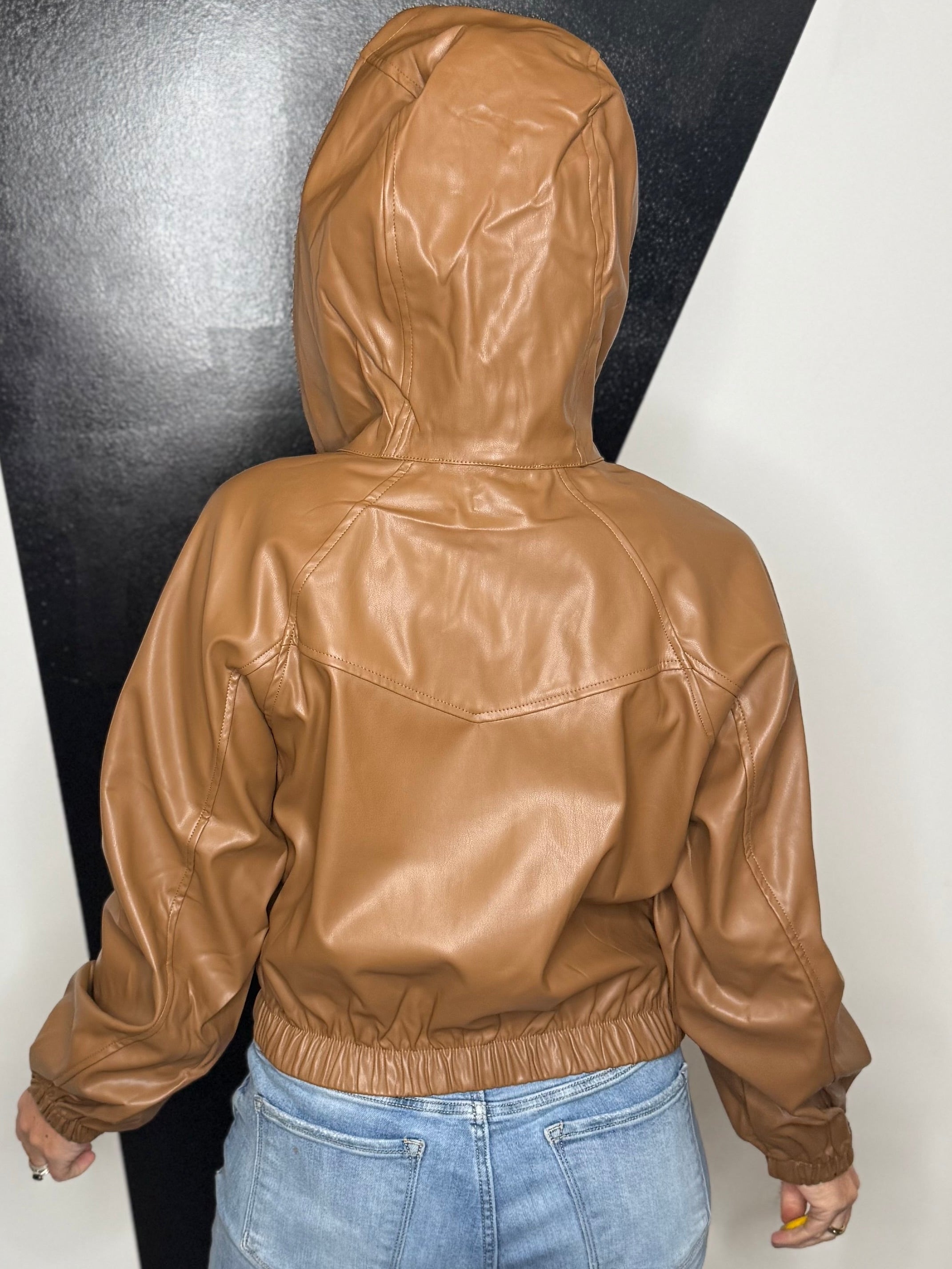 Hooded Faux Leather Bomber Jacket