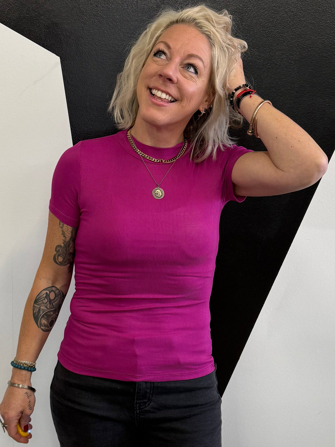 Mock Neck Staple in Magenta