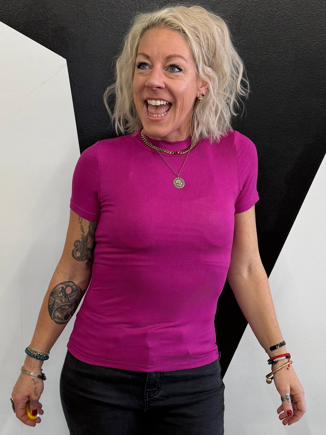 Mock Neck Staple in Magenta