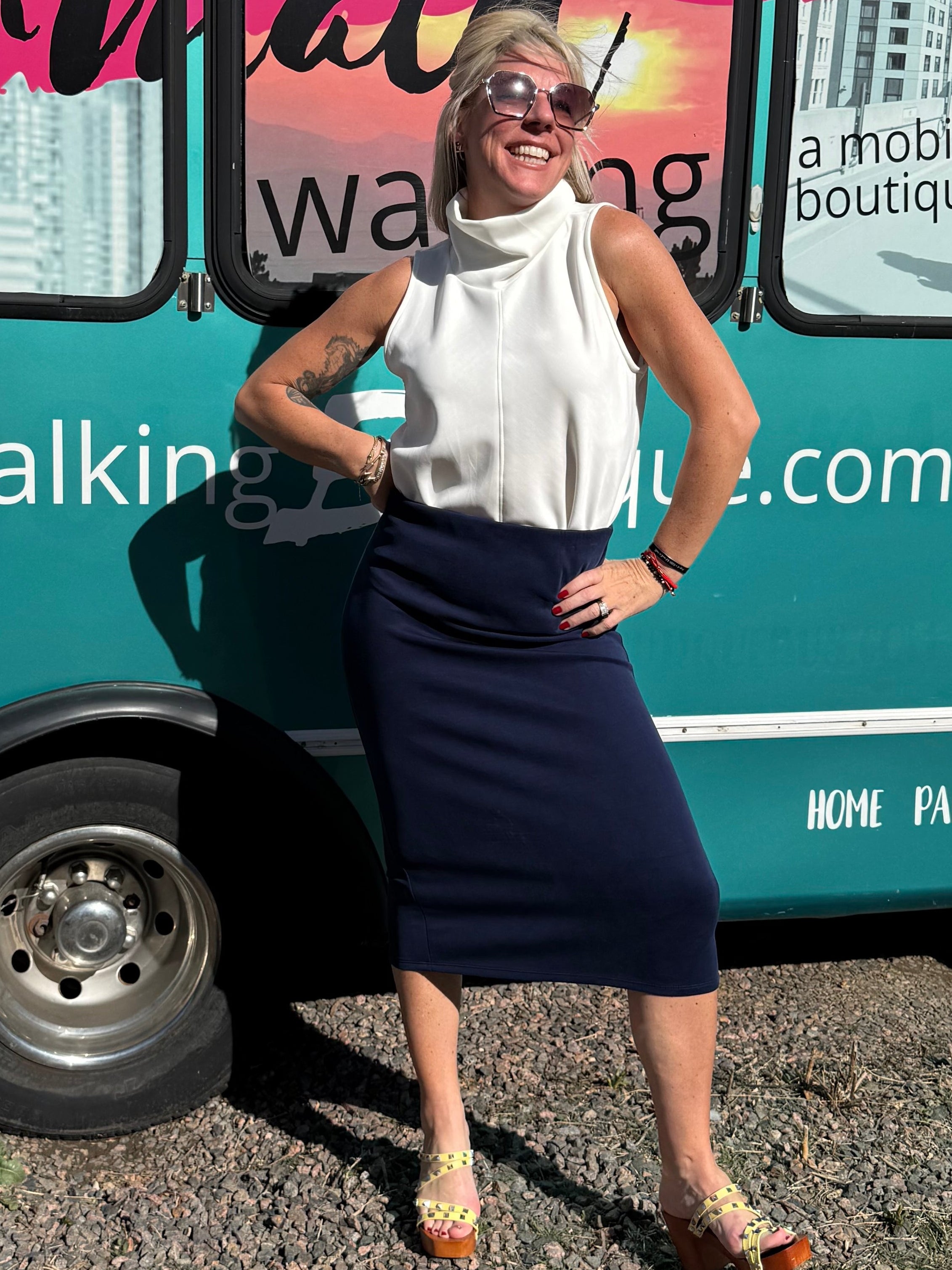 Parisa Scuba Pencil Skirt in Navy