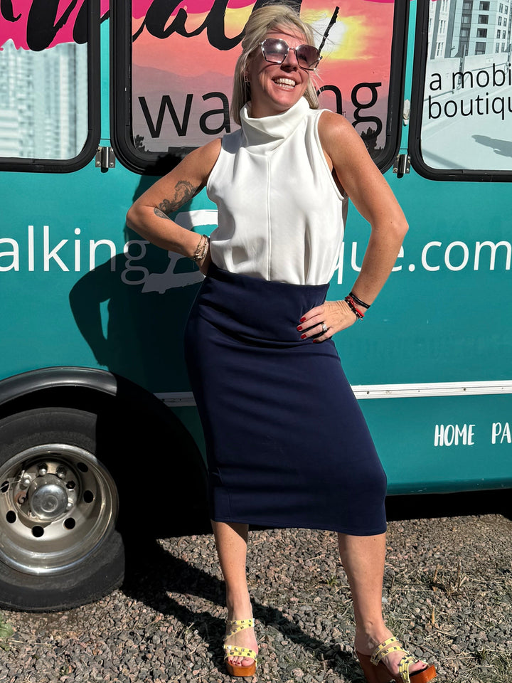 Parisa Scuba Pencil Skirt in Navy