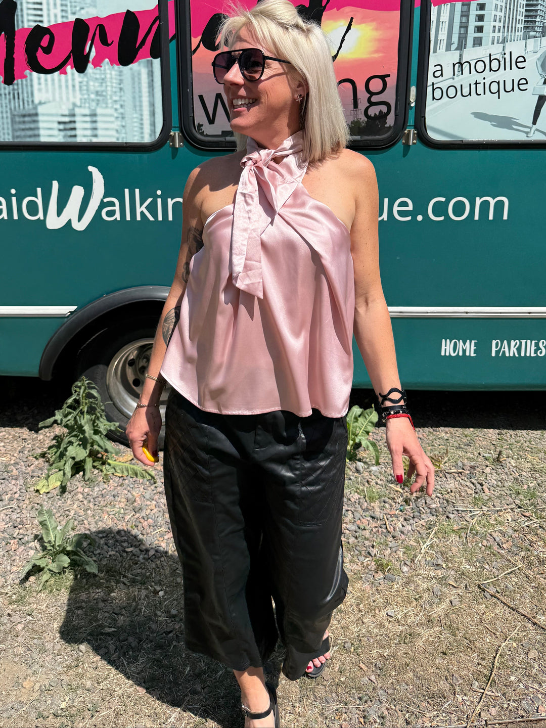 Polly Pink Satin Halter Top