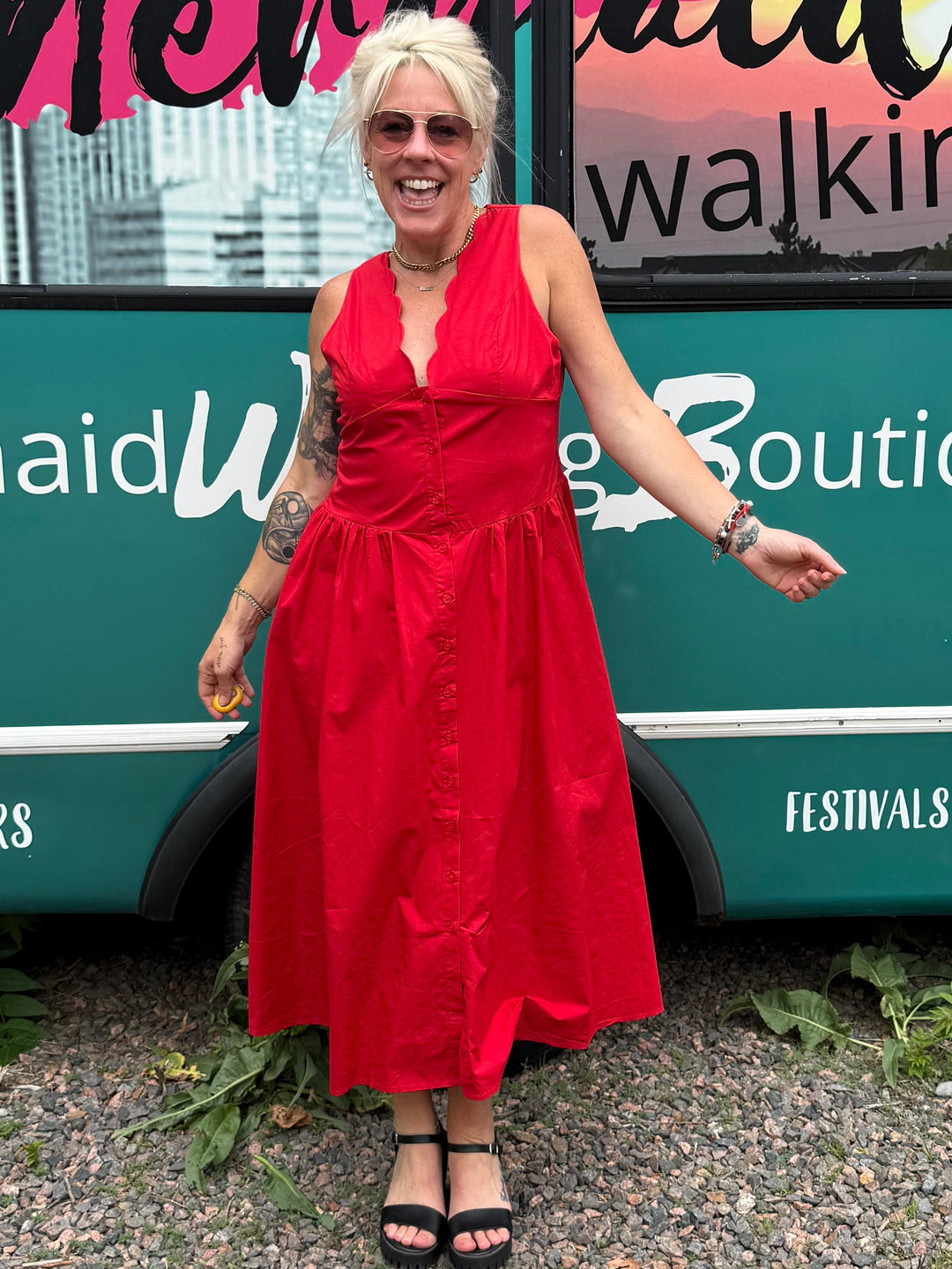 Scallop Midi Dress in Red