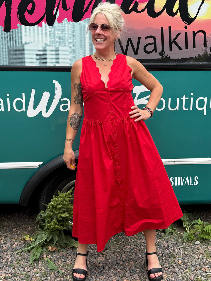 Scallop Midi Dress in Red